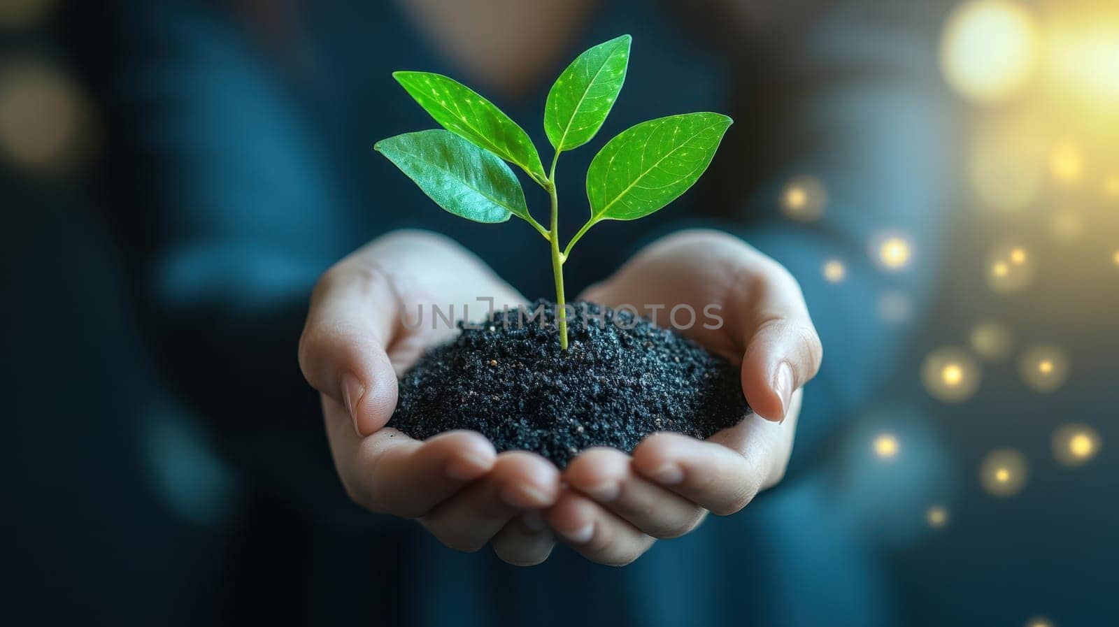 Hands holding a young plant with glowing lights. Concept o  growth, sustainability, environment, and new life.