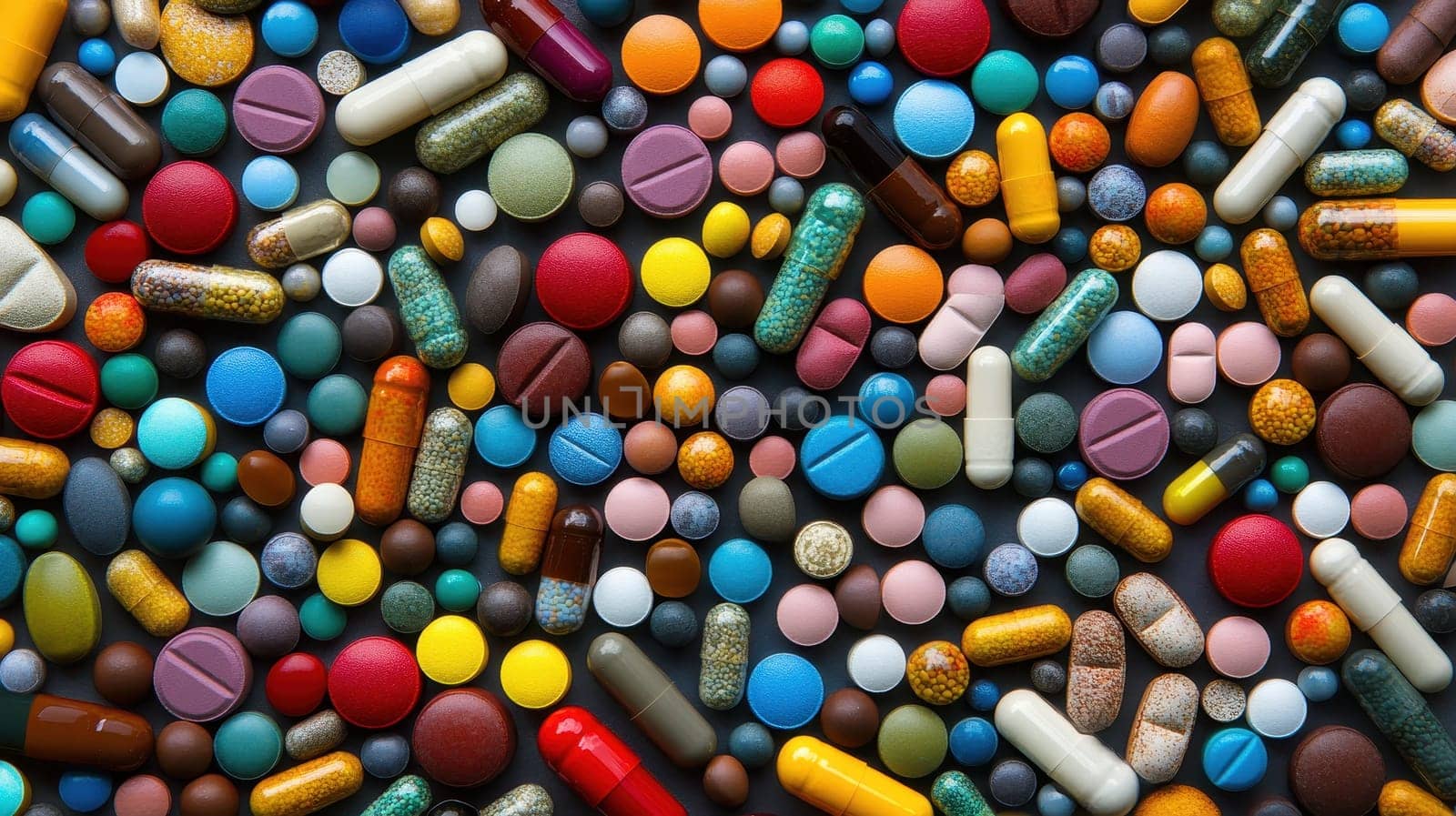 Colorful pills and capsules on a dark background. Concept of medicine, healthcare, pharmaceuticals