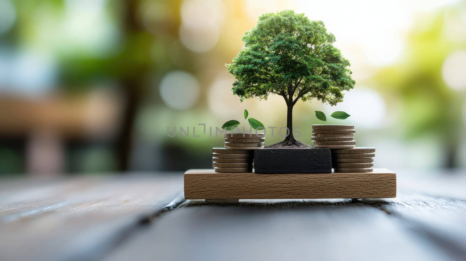 Financial growth and sustainable investment concept. A tree growing on stacks of coins on a wooden toy cart, representing the concept of financial growth, sustainable investment.