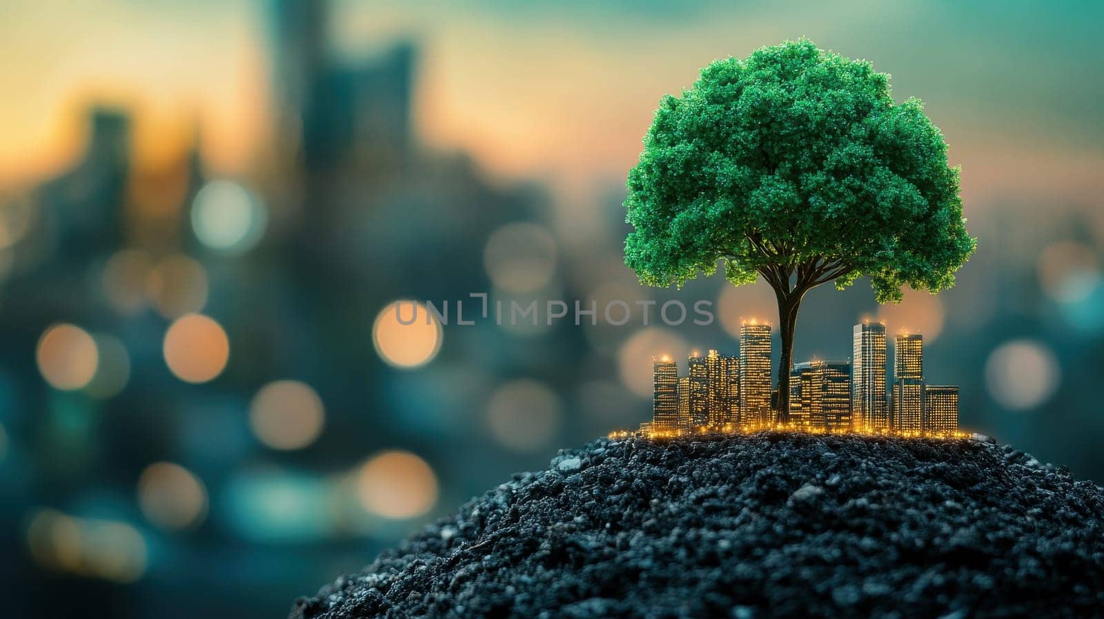 Green city concept. Miniature buildings with a tree on a mound of soil against a city skyline backdrop. 