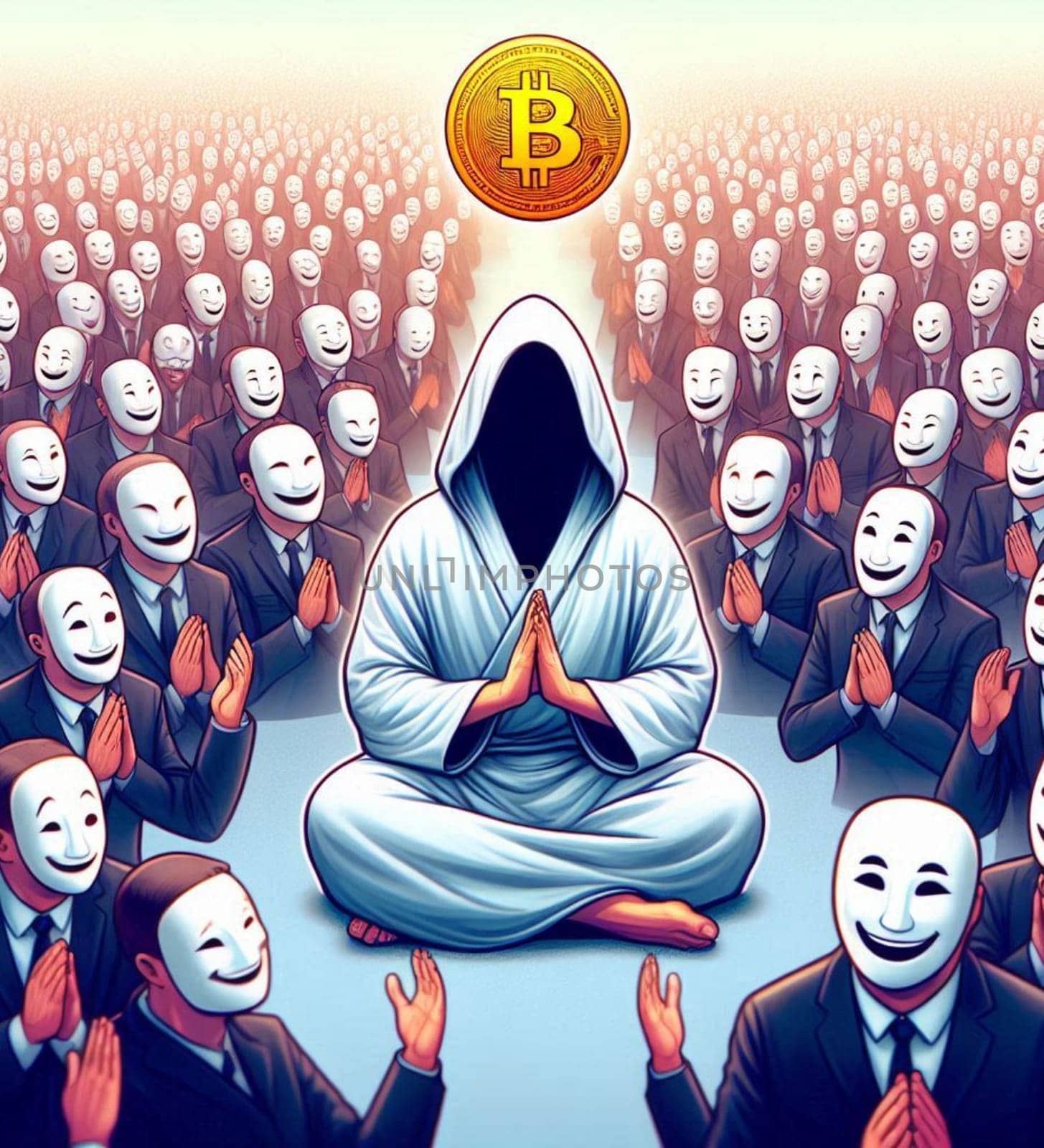 A man in a mask holding a Bitcoin coin. The man is surrounded by other people in masks