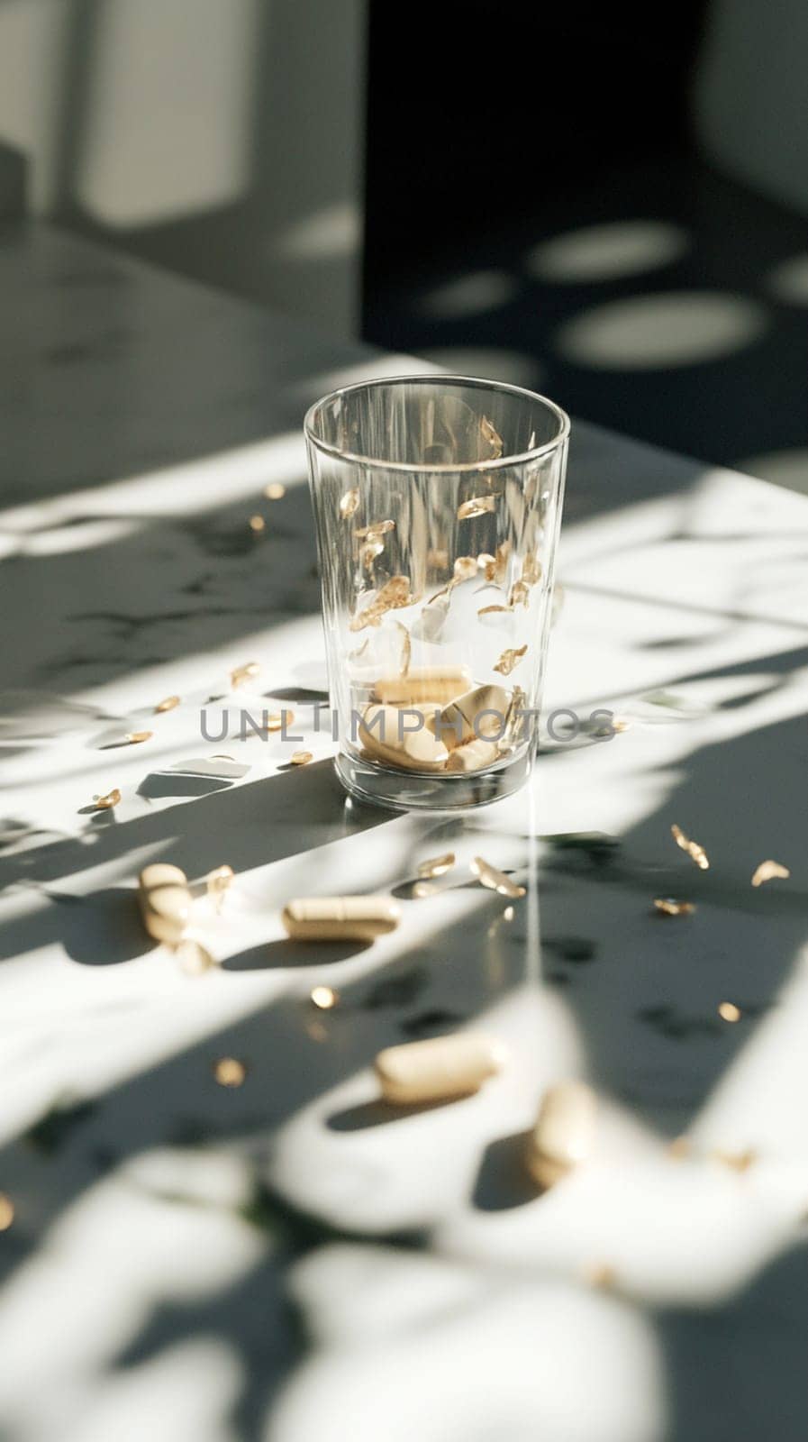 Glass of pills on a white marble table with gold confetti, bathed in morning light, exuding luxury and elegance. Bright and inviting, symbolizing health and wellness
