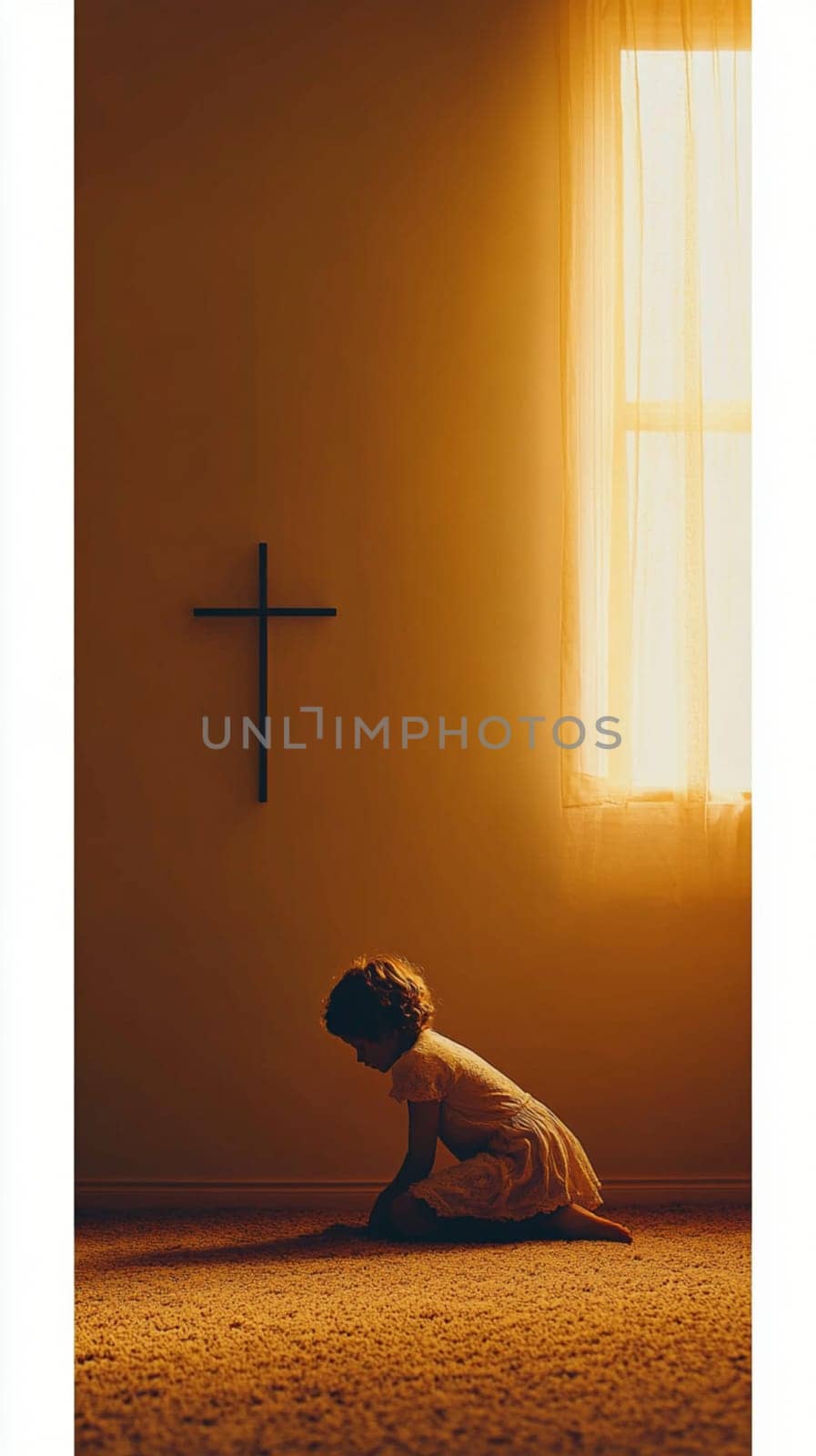 Young girl is silhouetted kneeling on the floor in prayer with the warm light from a window behind her illuminating the wall with the cross