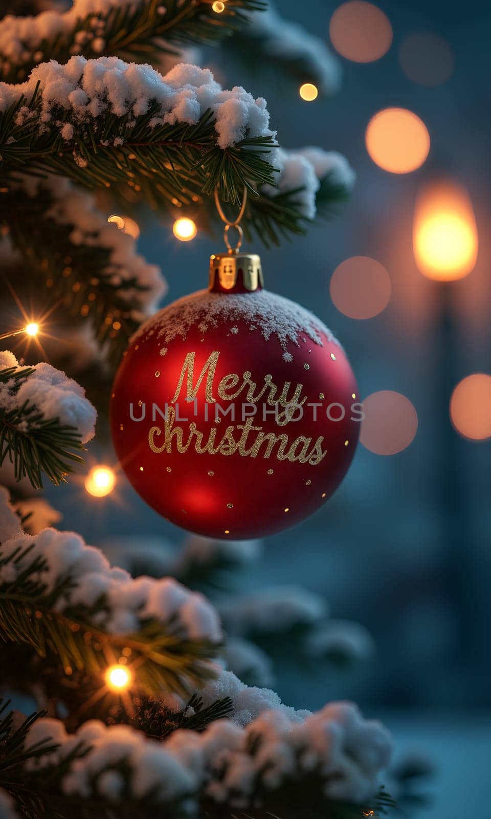 A vibrant red ornament inscribed with Merry Christmas hangs delicately on a snow-covered tree branch, illuminated by soft, warm lights, creating a joyful winter ambiance - Generative AI