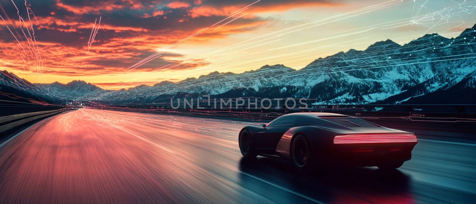 Futuristic autonomous car is speeding on a highway in the mountains with motion blur light trails behind it at sunset