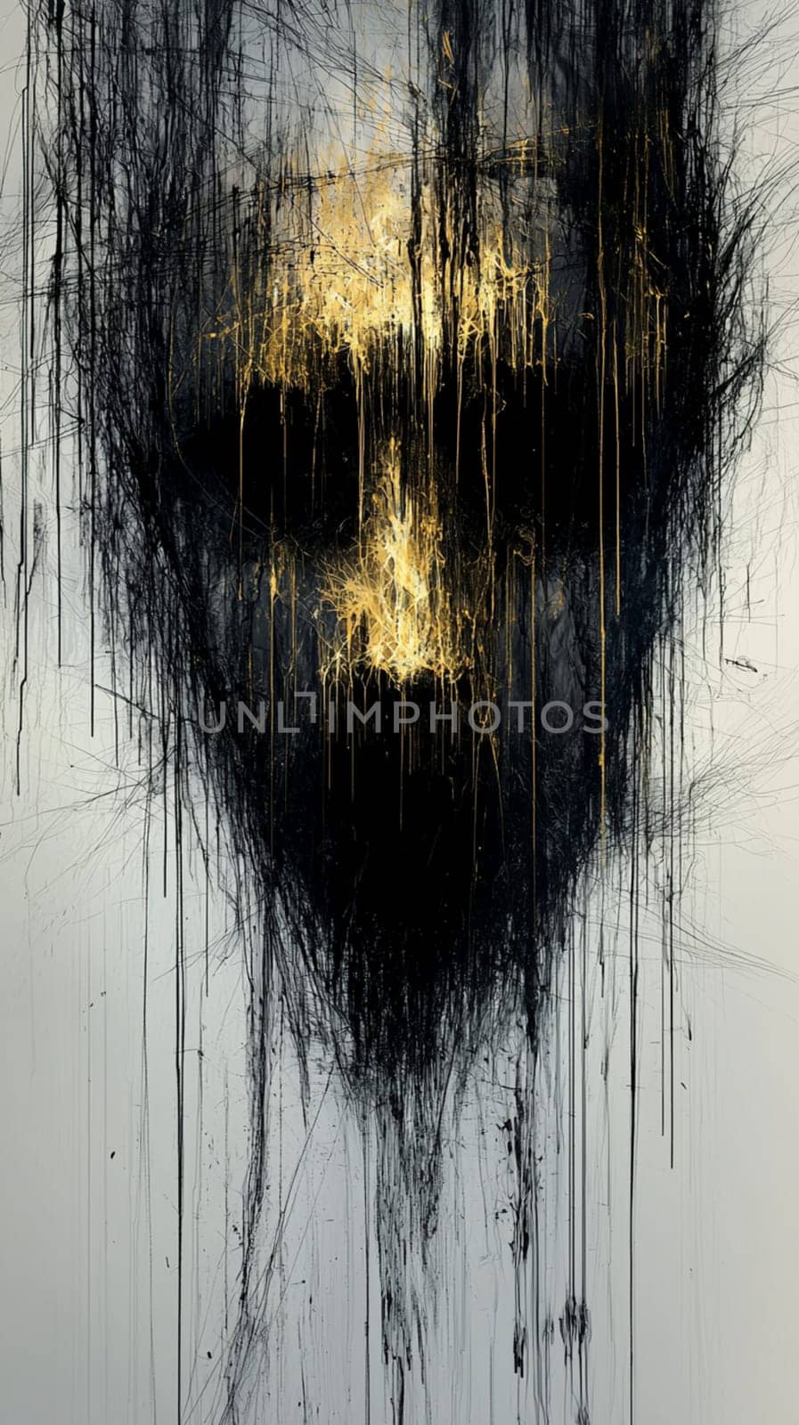 Person with gold paint dripping down their face, symbolizing luxury and beauty on a dark background, creating mystery and intrigue
