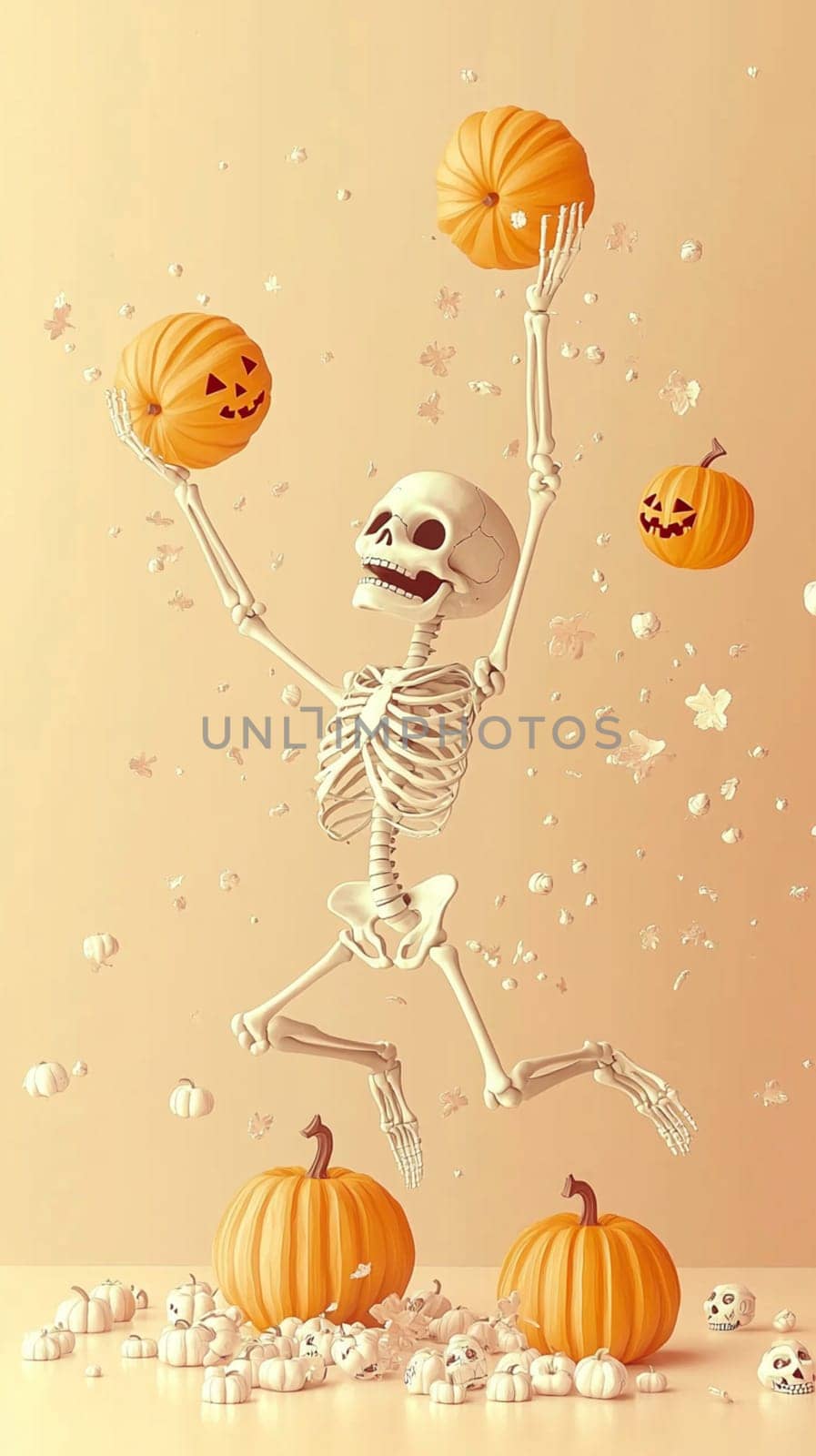 3d rendering of a human skeleton jumping for joy while holding pumpkins in the air as autumn leaves fall to the ground