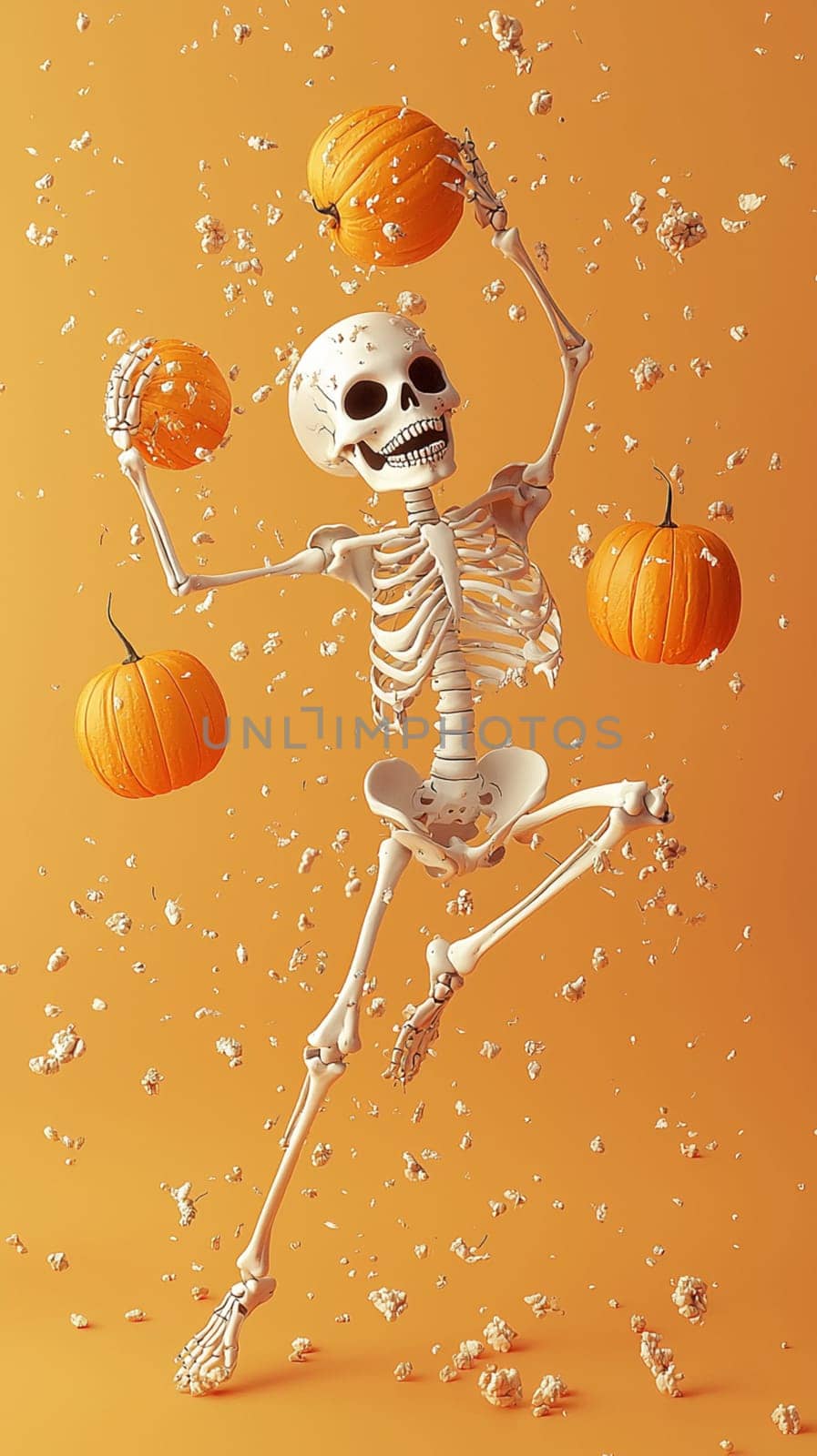 Skeleton is playfully juggling pumpkins in the air, capturing the festive spirit of halloween with an orange background and scattered white petals