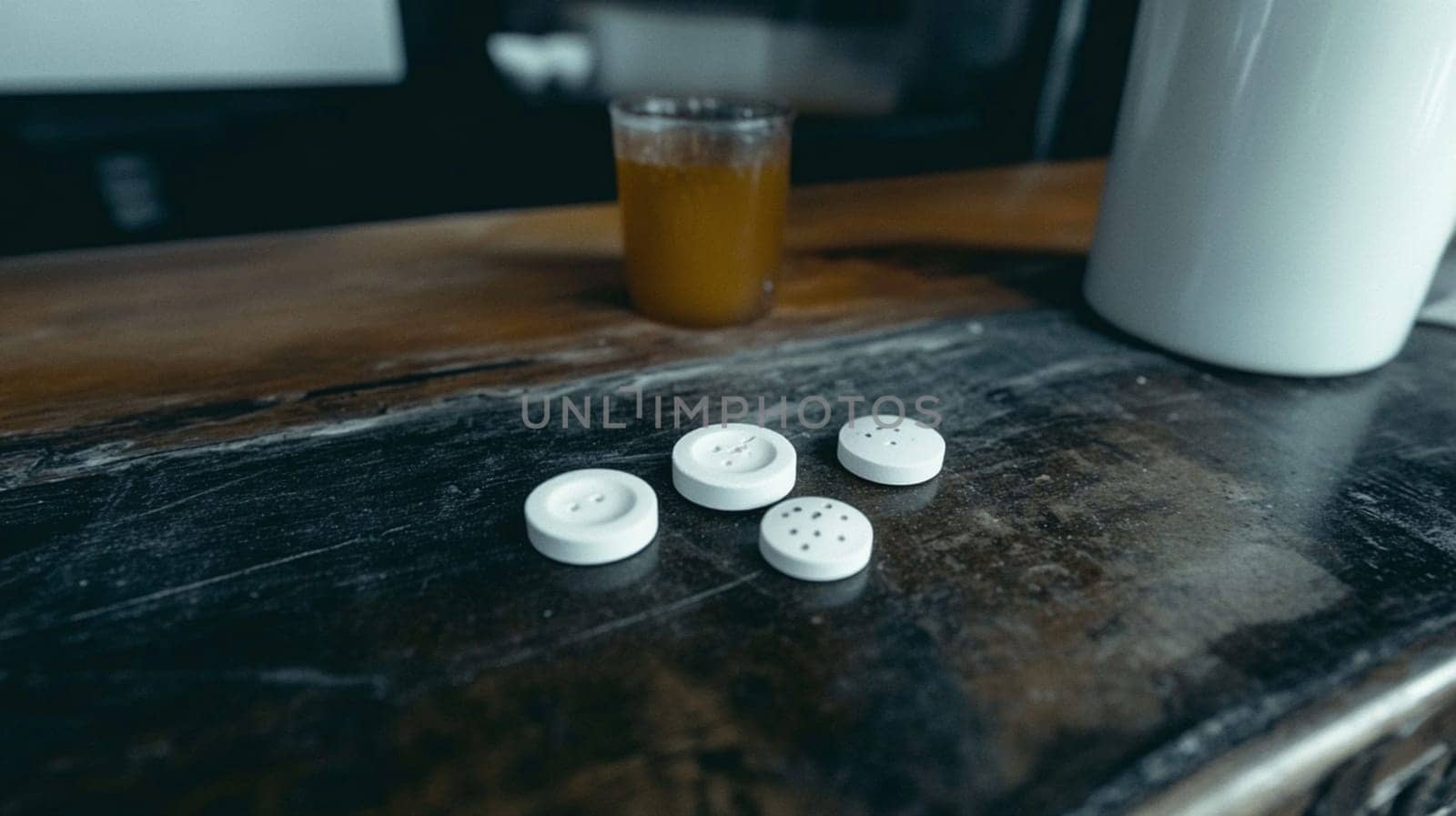 Four white humidity absorber packs neatly arranged on a rustic wooden surface, with a glass of silica gel in the background, helping prevent dampness, mold, and mildew in your home