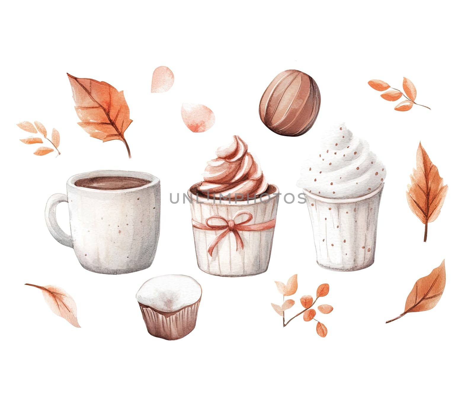 The artwork showcases a collection of autumn-inspired beverages and desserts, including mugs of hot chocolate, cupcakes, and colorful leaves, evoking a cozy fall atmosphere.