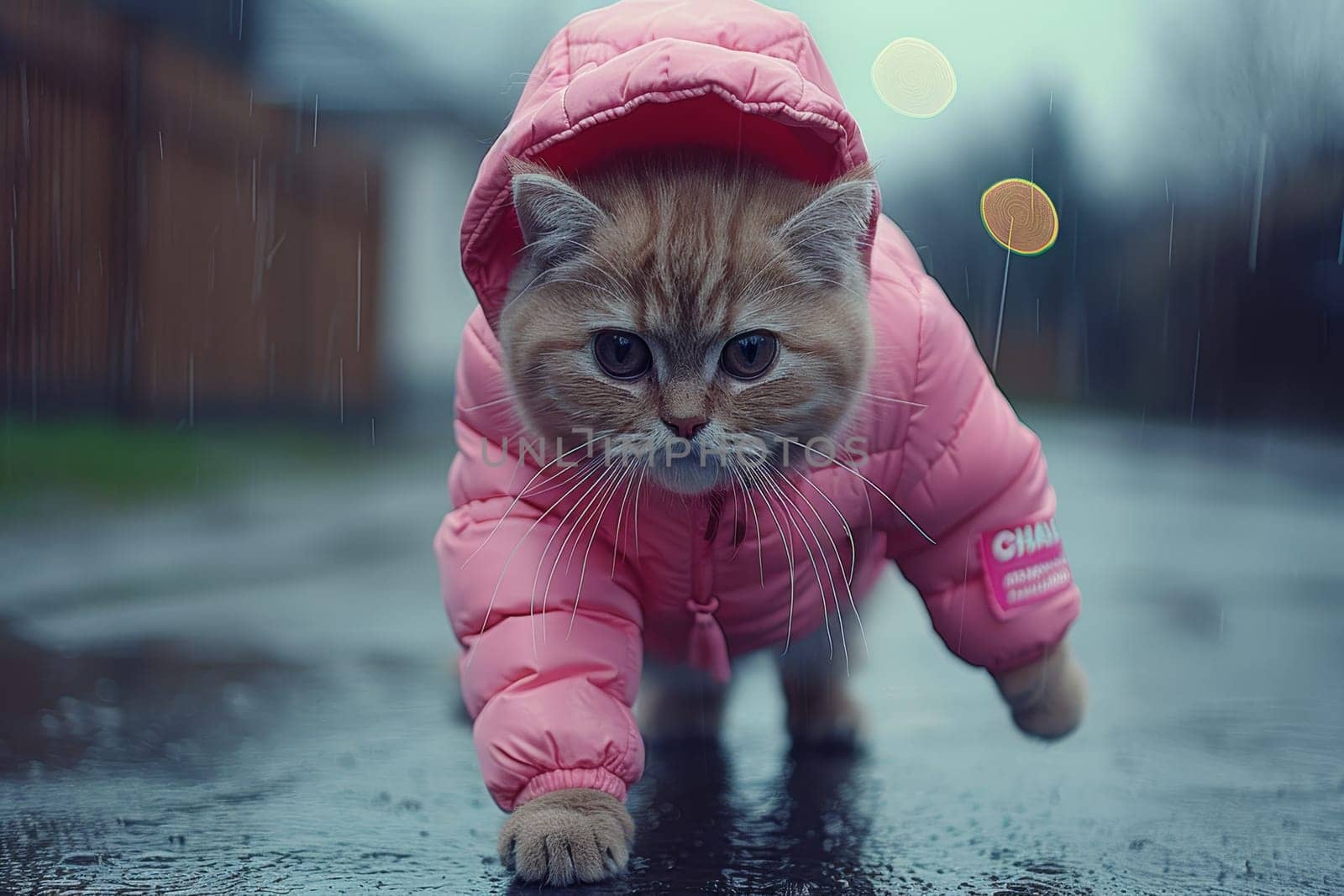 A cat in a rain suit on a walk