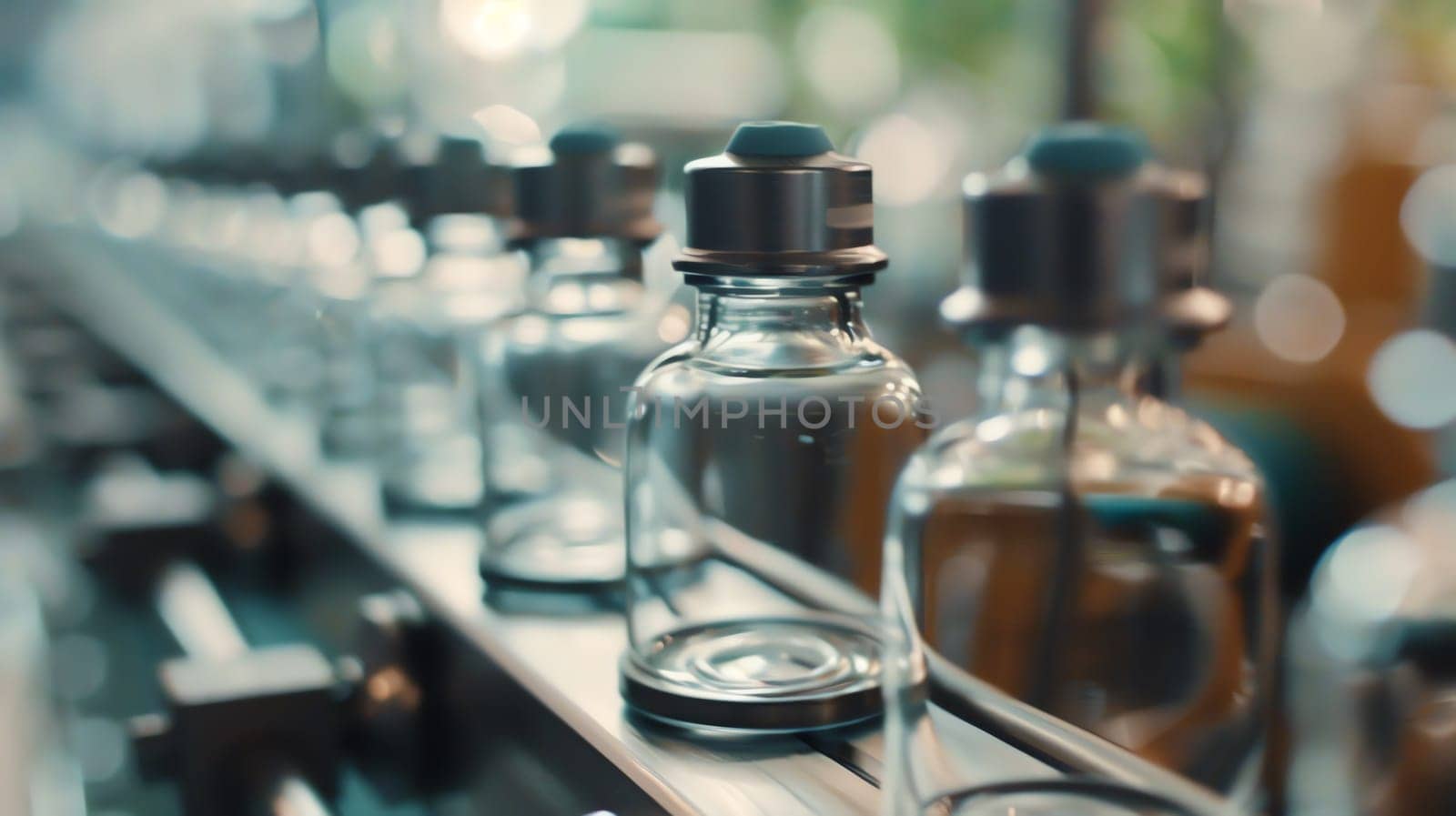 A row of clear glass bottles on a conveyor belt. The bottles are all the same size and shape, and they are all lined up next to each other