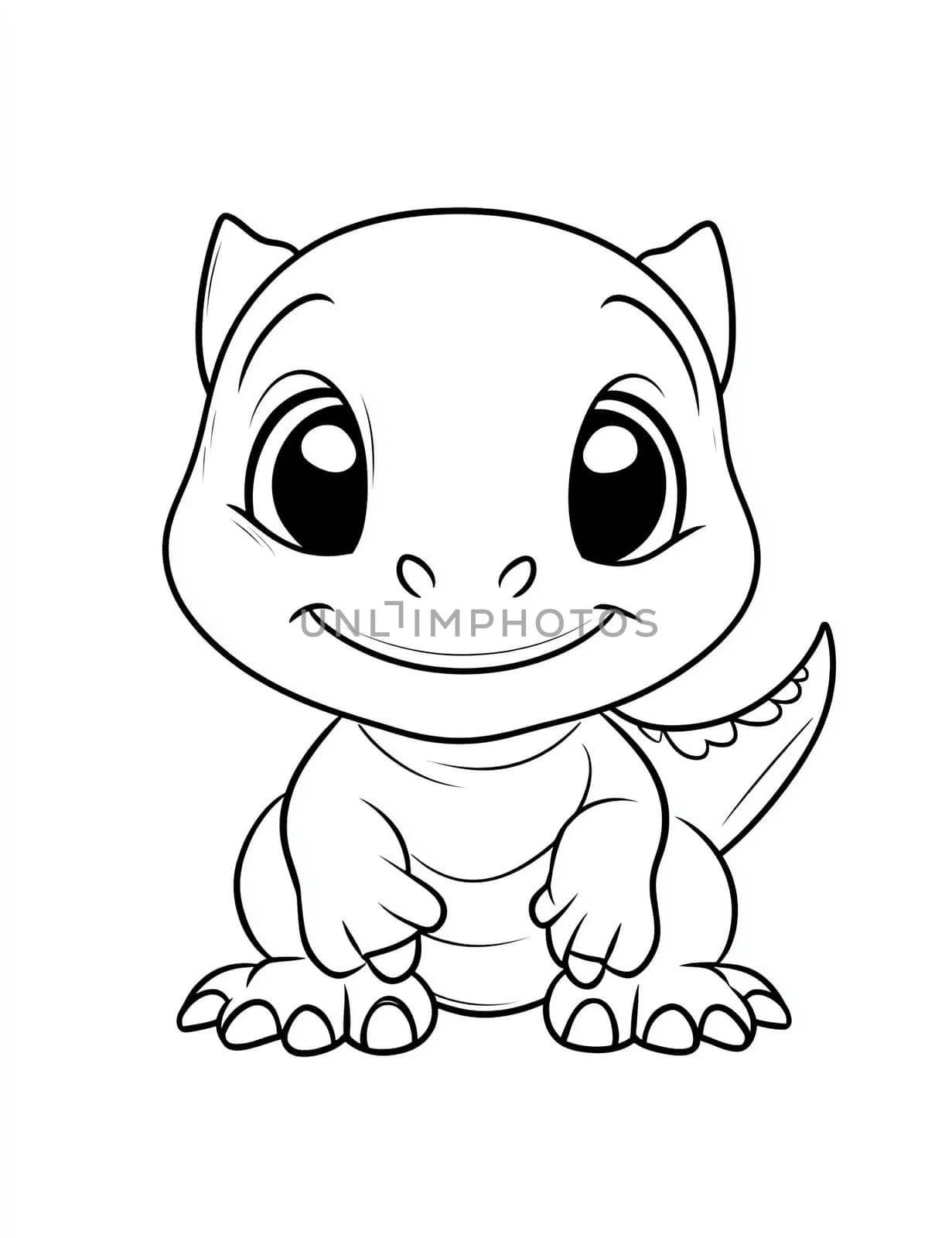 A cute cartoon drawing of a small dinosaur with a smile on its face. The dinosaur is sitting on its hind legs and looking up at the camera