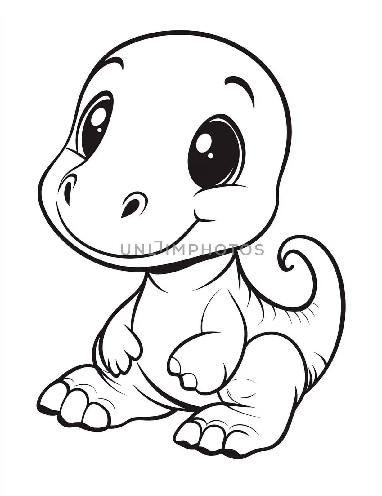 A cute cartoon dinosaur is sitting on its hind legs. It has a smile on its face and looks happy