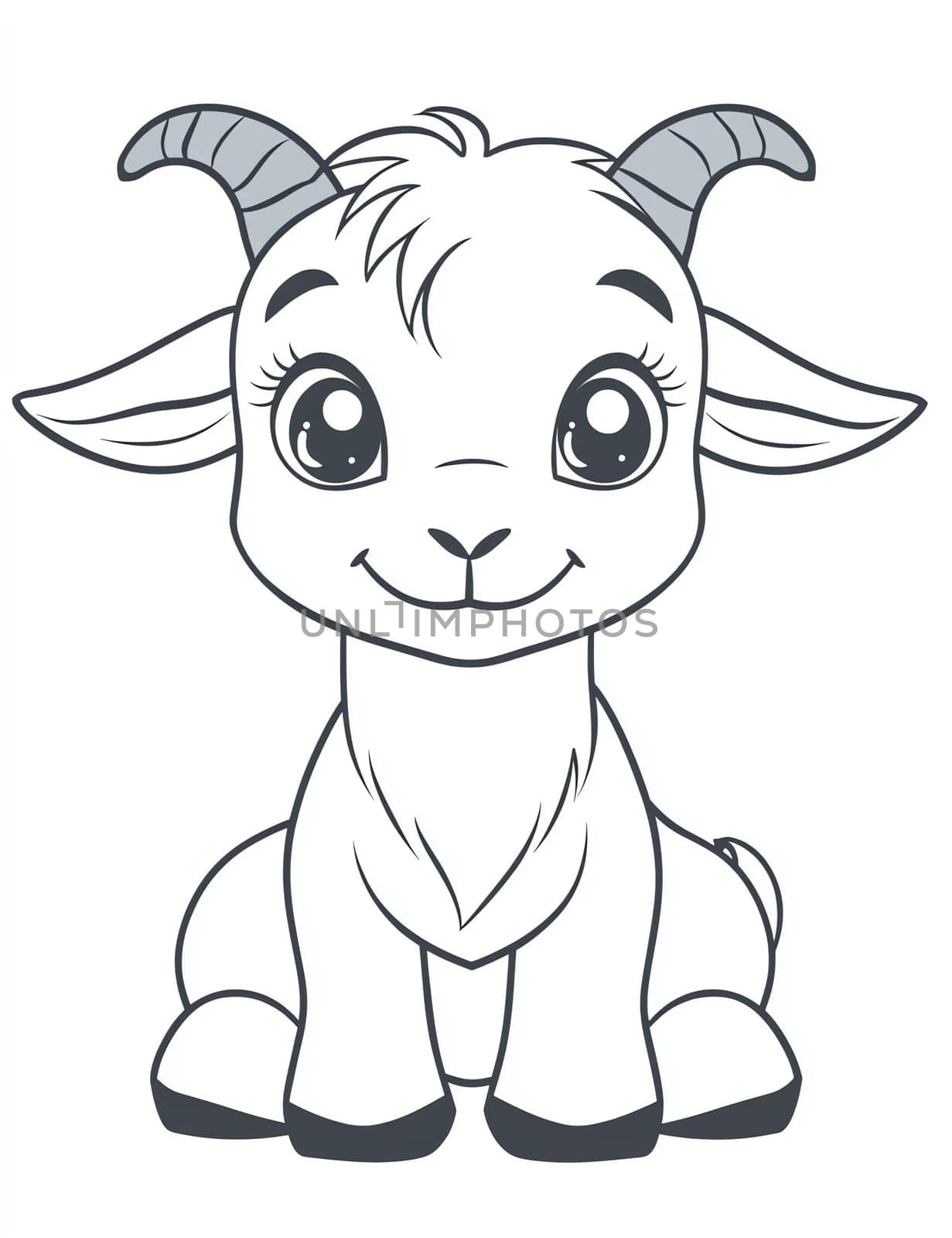 A cute goat with a big smile on its face. The goat is sitting down and looking at the camera