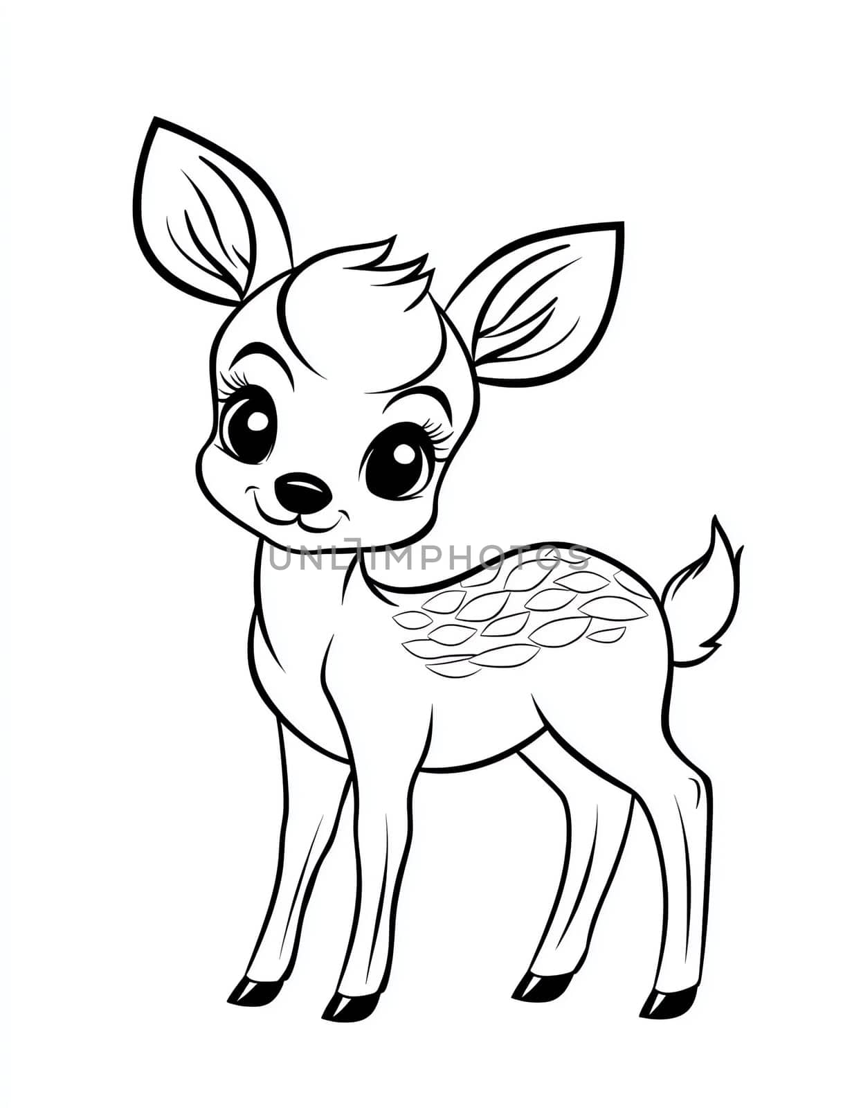 A cute little deer with big eyes and a pink nose. It is standing in front of a white background