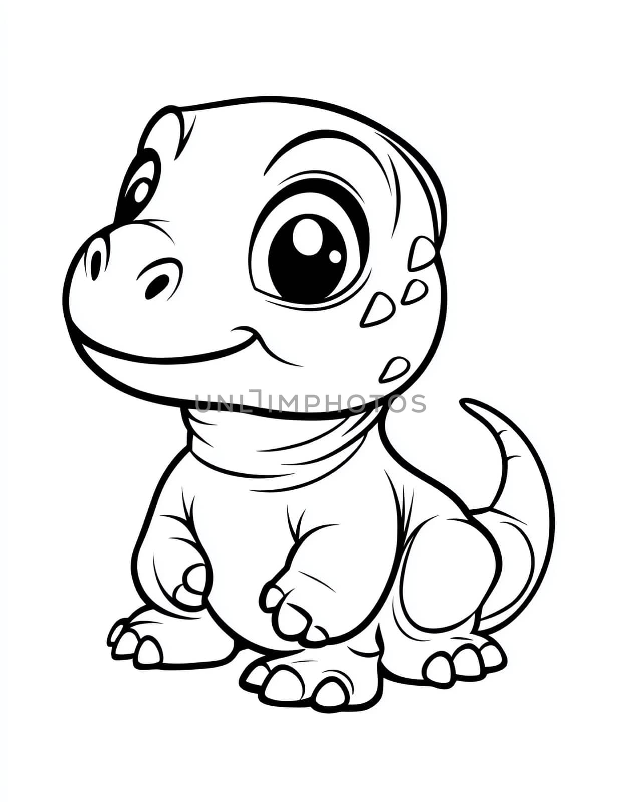 A cute cartoon dinosaur is sitting on a white background. The dinosaur has a big smile on its face and is looking at the camera