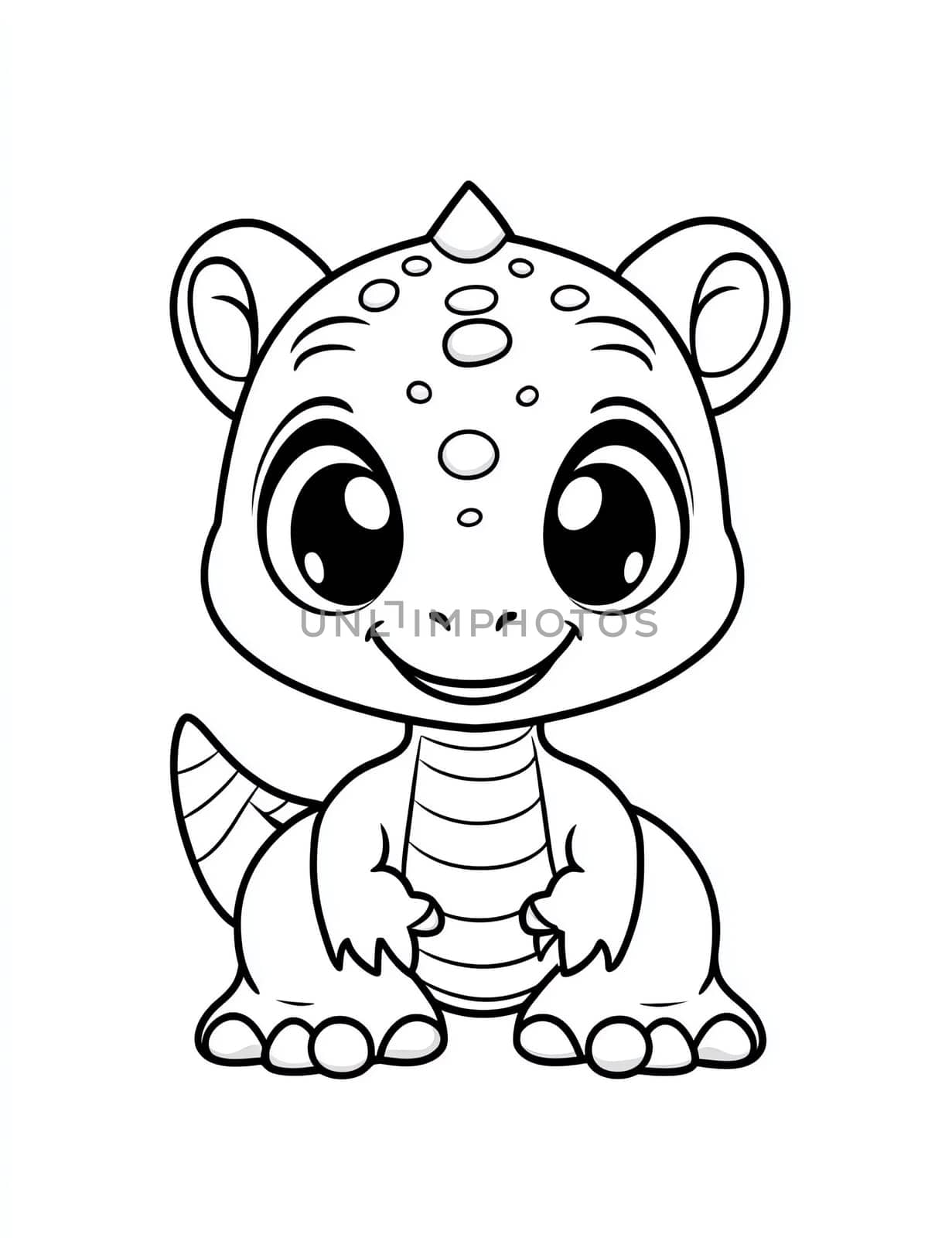 A cute cartoon dinosaur with a big smile on its face. The dinosaur is sitting on its hind legs and looking at the camera