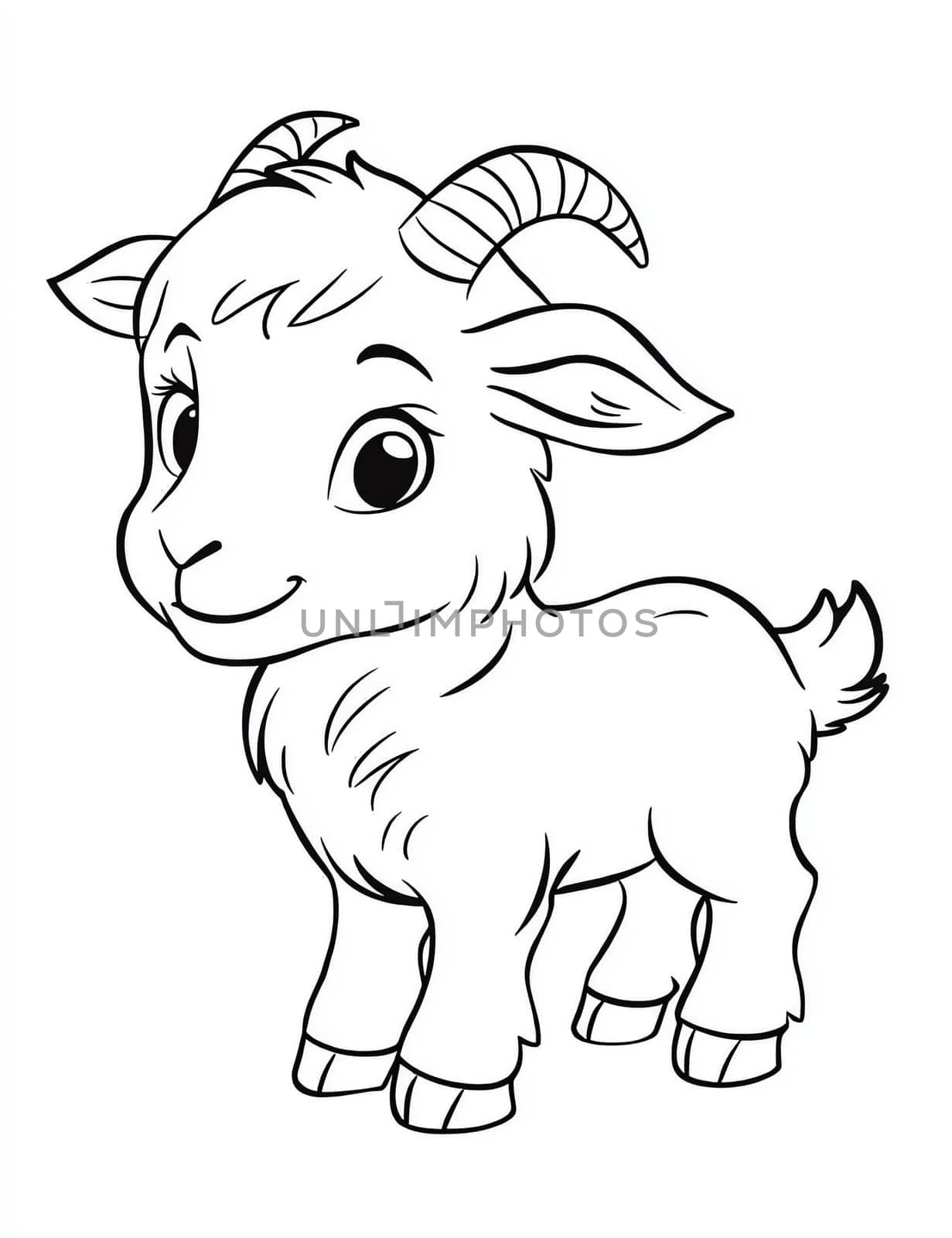 A cute little goat with horns is standing in a white background. The goat has a big smile on its face, making it look happy and friendly