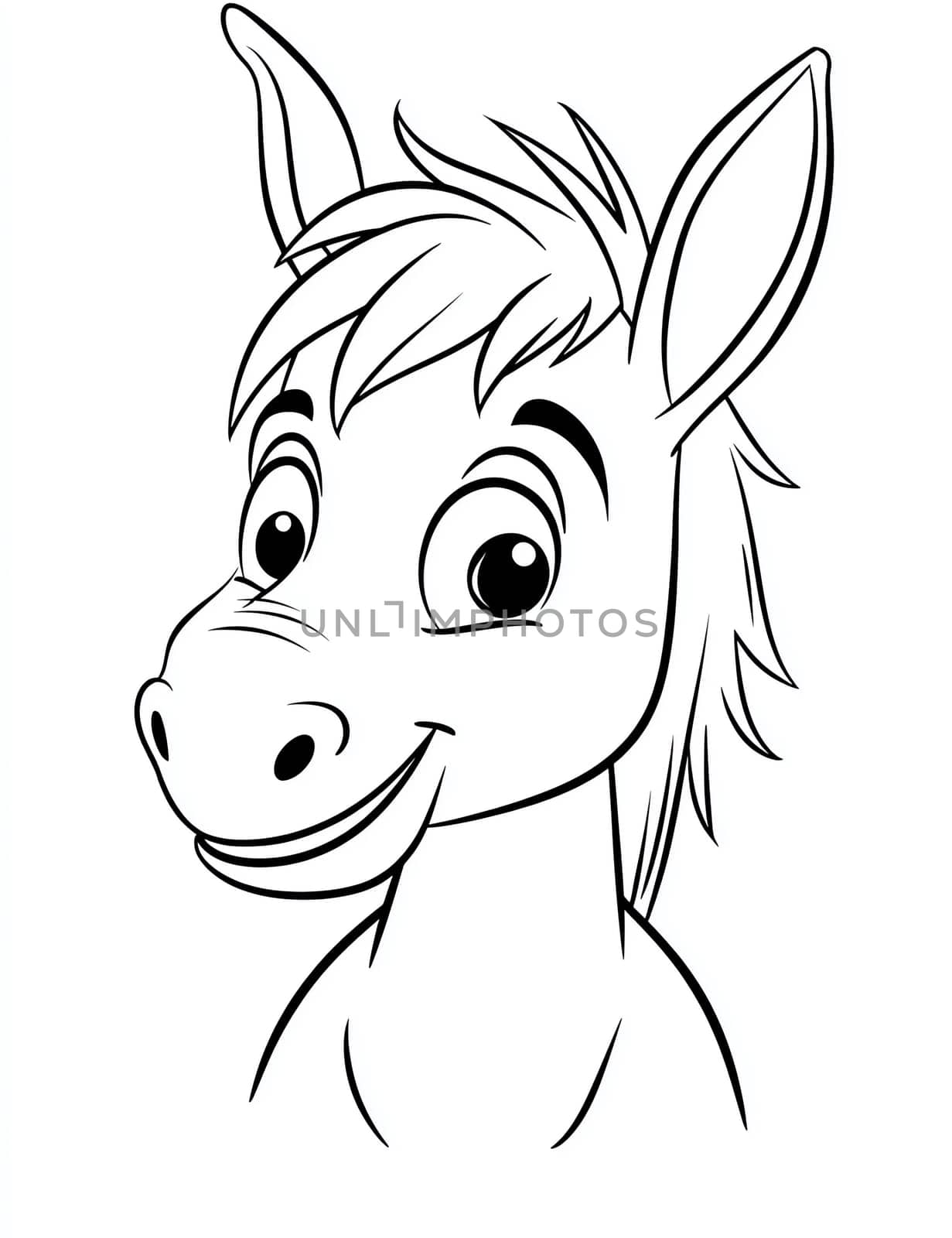 A cartoon horse with a big smile on its face. The horse is looking at the camera and he is happy