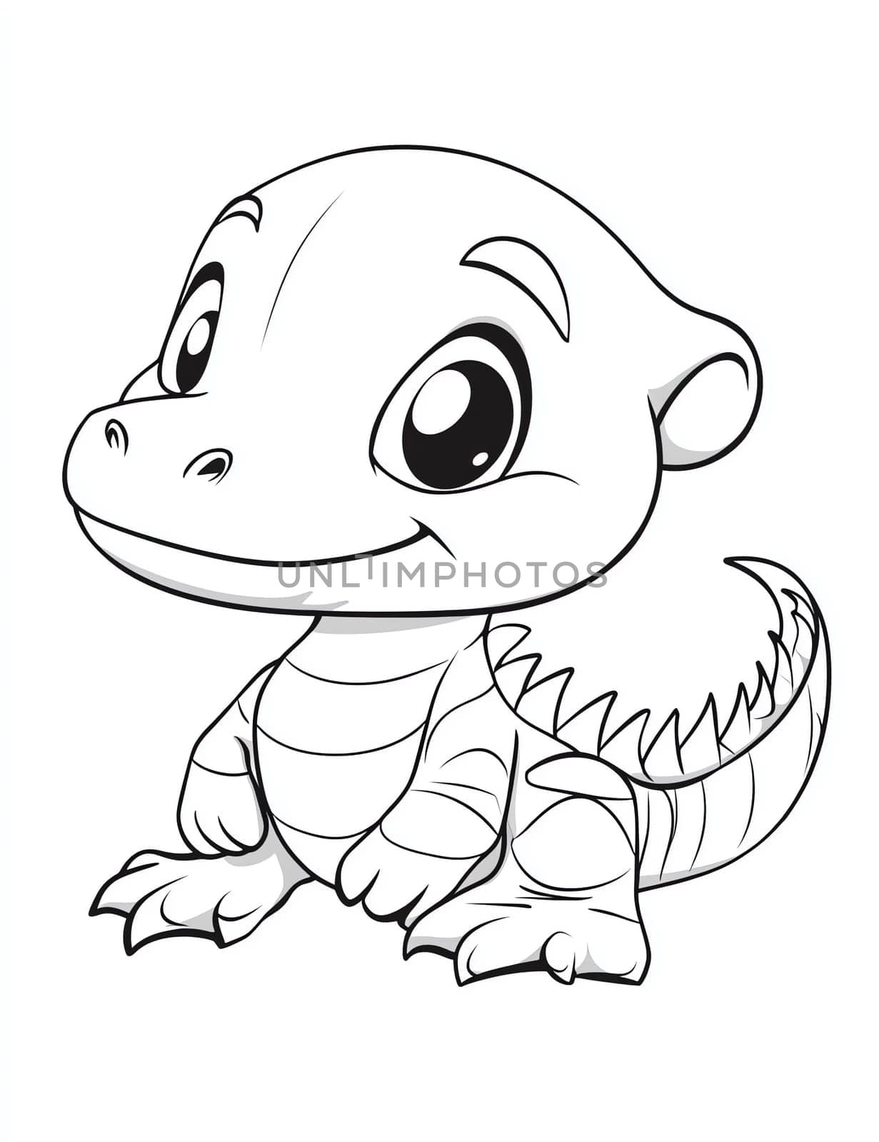A cartoon drawing of a small, smiling dinosaur. The dinosaur is sitting on its hind legs and has a happy expression