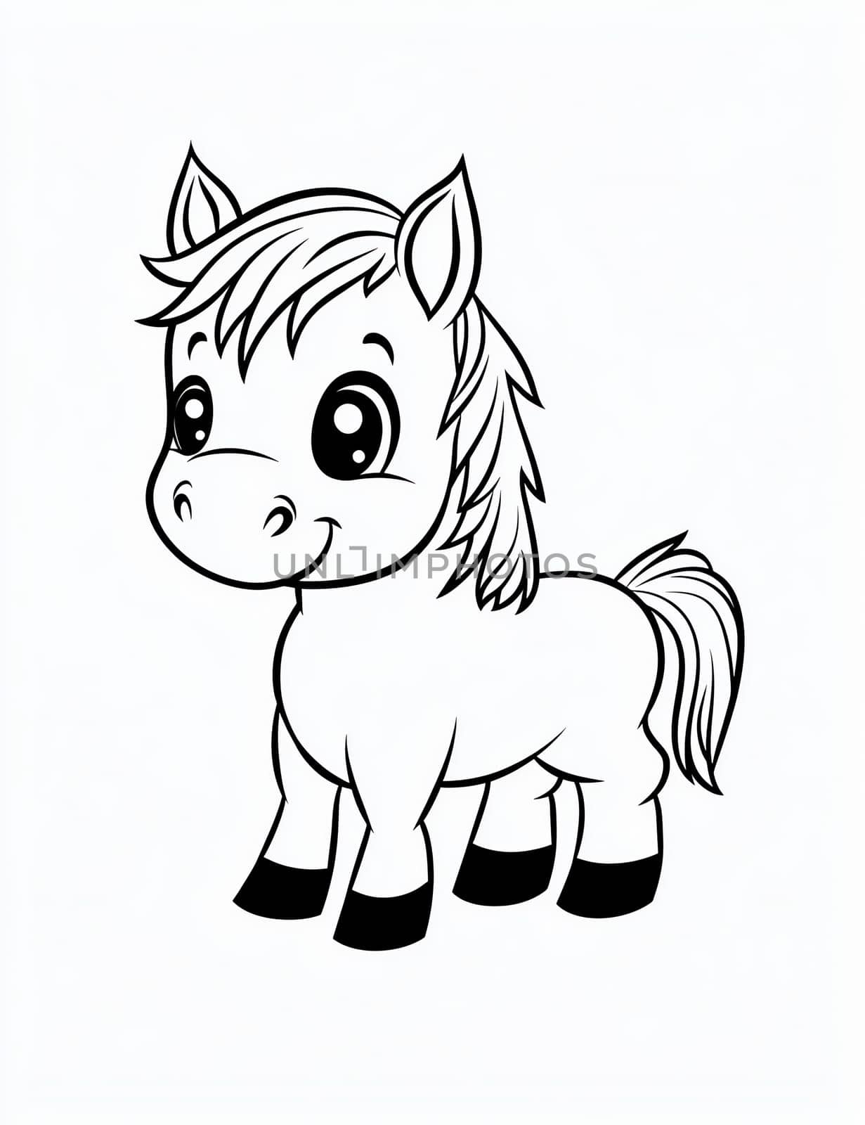 A cute cartoon horse with a big smile on its face. The horse is standing in front of a white background