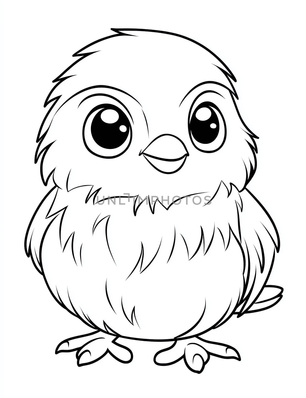 A cute little bird with a big beak and a small head. The bird is sitting on its feet and looking up at the camera