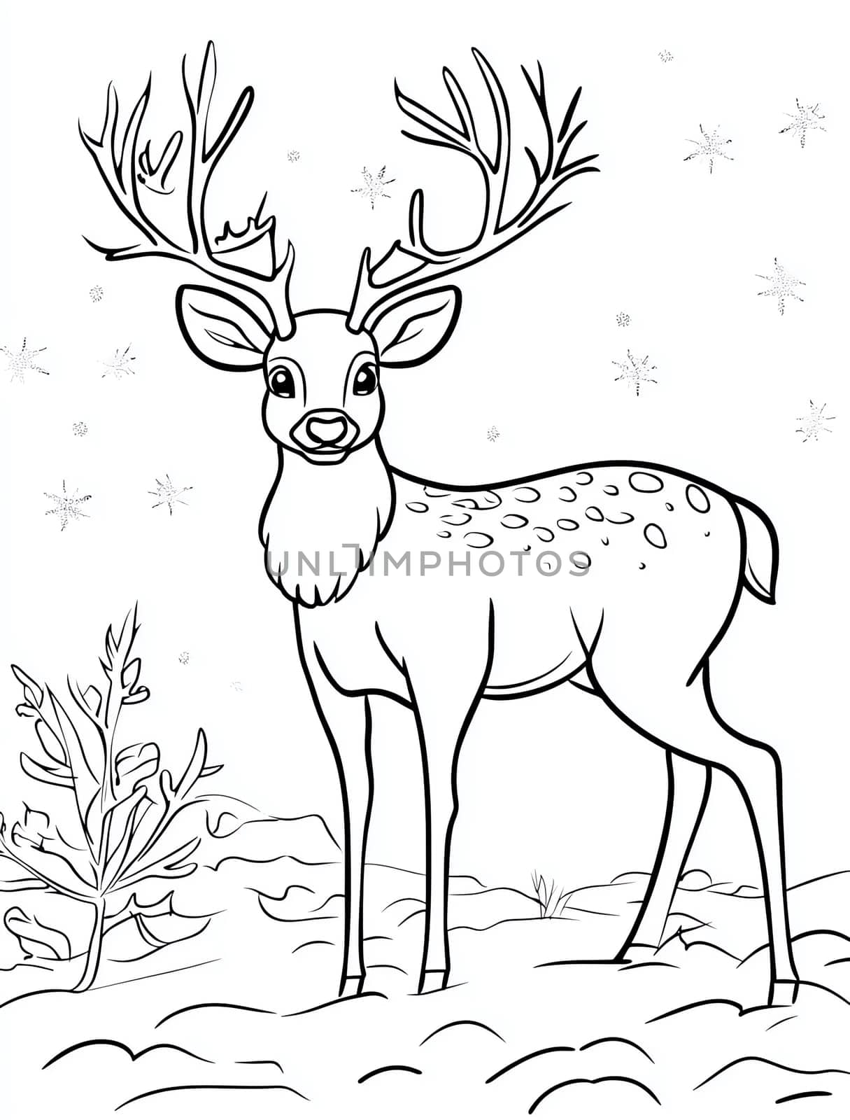 A deer with antlers stands in a snowy field. The image has a peaceful and serene mood, as the deer is alone and surrounded by nature