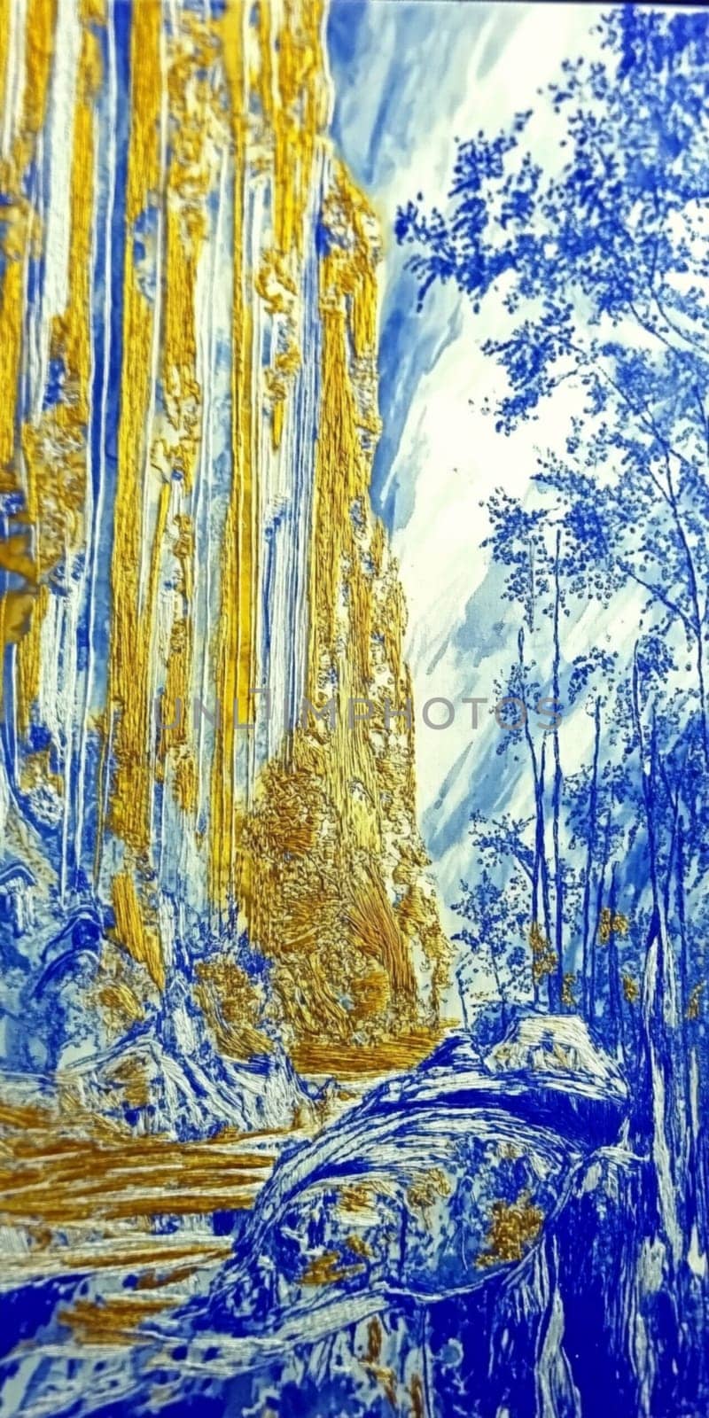 Gold canyon walls tower over a blue forest in this colorful illustration of a beautiful and wild landscape, perfect for any nature lover