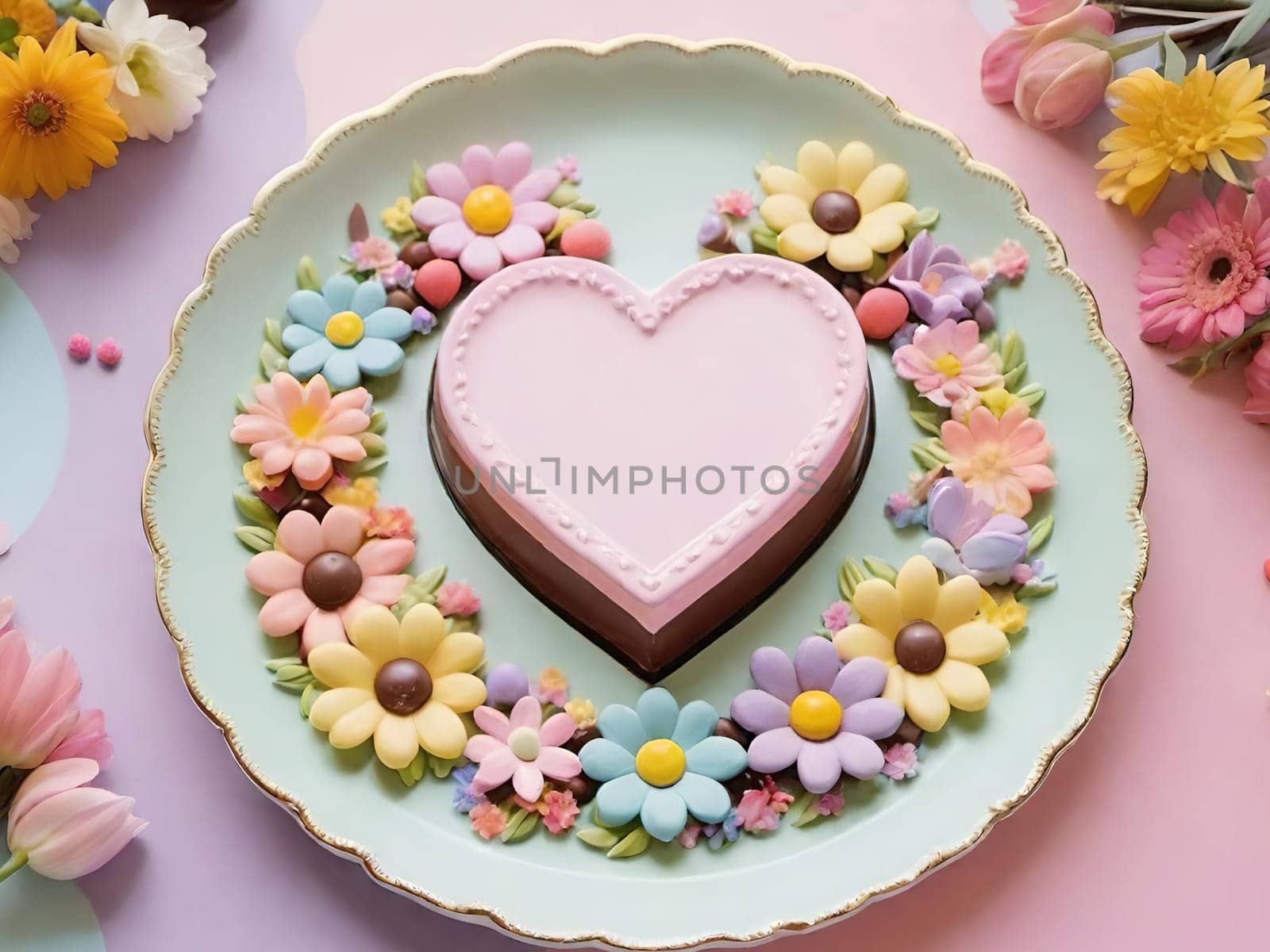 Artful Confectionery.Chocolate Heart with Fondant Flowers.A captivating display of confectionery craftsmanship featuring a glossy chocolate heart centerpiece surrounded by intricately crafted fondant flowers in soft pastel hues. Perfect for illustrating themes of romance, culinary art, or festive celebrations.