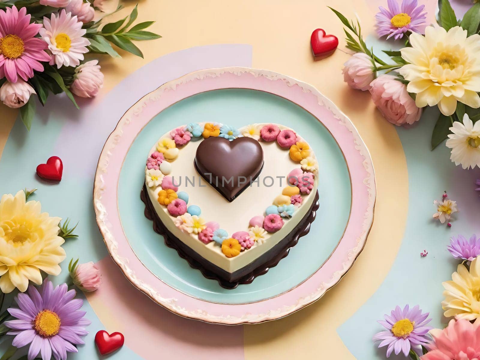 Artful Confectionery.Chocolate Heart with Fondant Flowers.A captivating display of confectionery craftsmanship featuring a glossy chocolate heart centerpiece surrounded by intricately crafted fondant flowers in soft pastel hues. Perfect for illustrating themes of romance, culinary art, or festive celebrations.