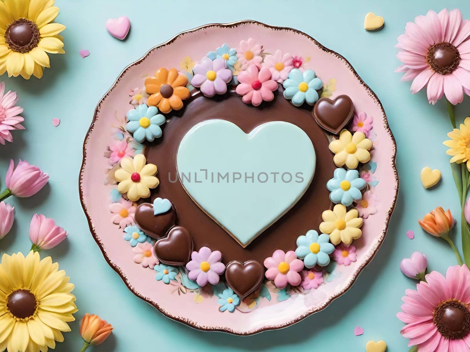Artful Confectionery.Chocolate Heart with Fondant Flowers.A captivating display of confectionery craftsmanship featuring a glossy chocolate heart centerpiece surrounded by intricately crafted fondant flowers in soft pastel hues. Perfect for illustrating themes of romance, culinary art, or festive celebrations.