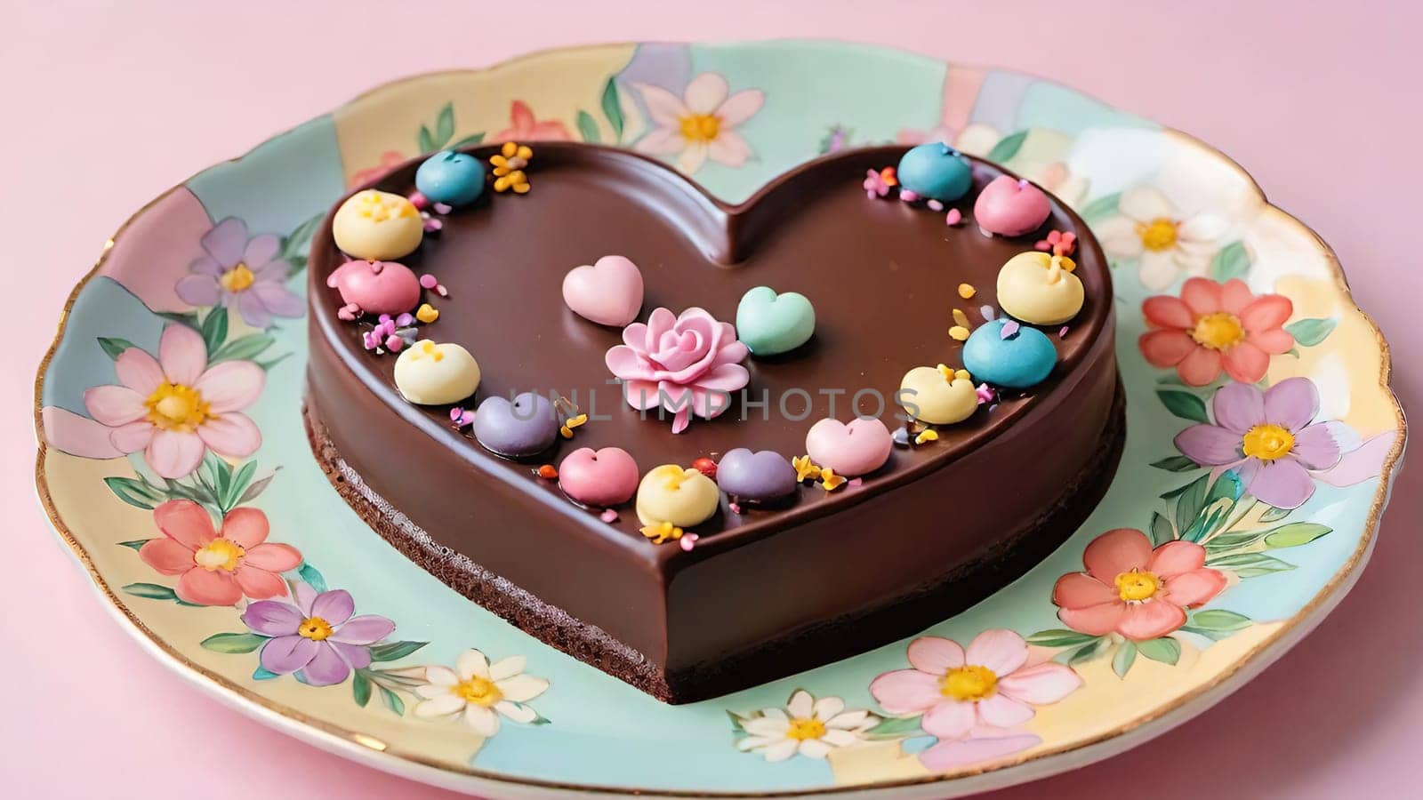 Artful Confectionery.Chocolate Heart with Fondant Flowers.A captivating display of confectionery craftsmanship featuring a glossy chocolate heart centerpiece surrounded by intricately crafted fondant flowers in soft pastel hues. Perfect for illustrating themes of romance, culinary art, or festive celebrations.