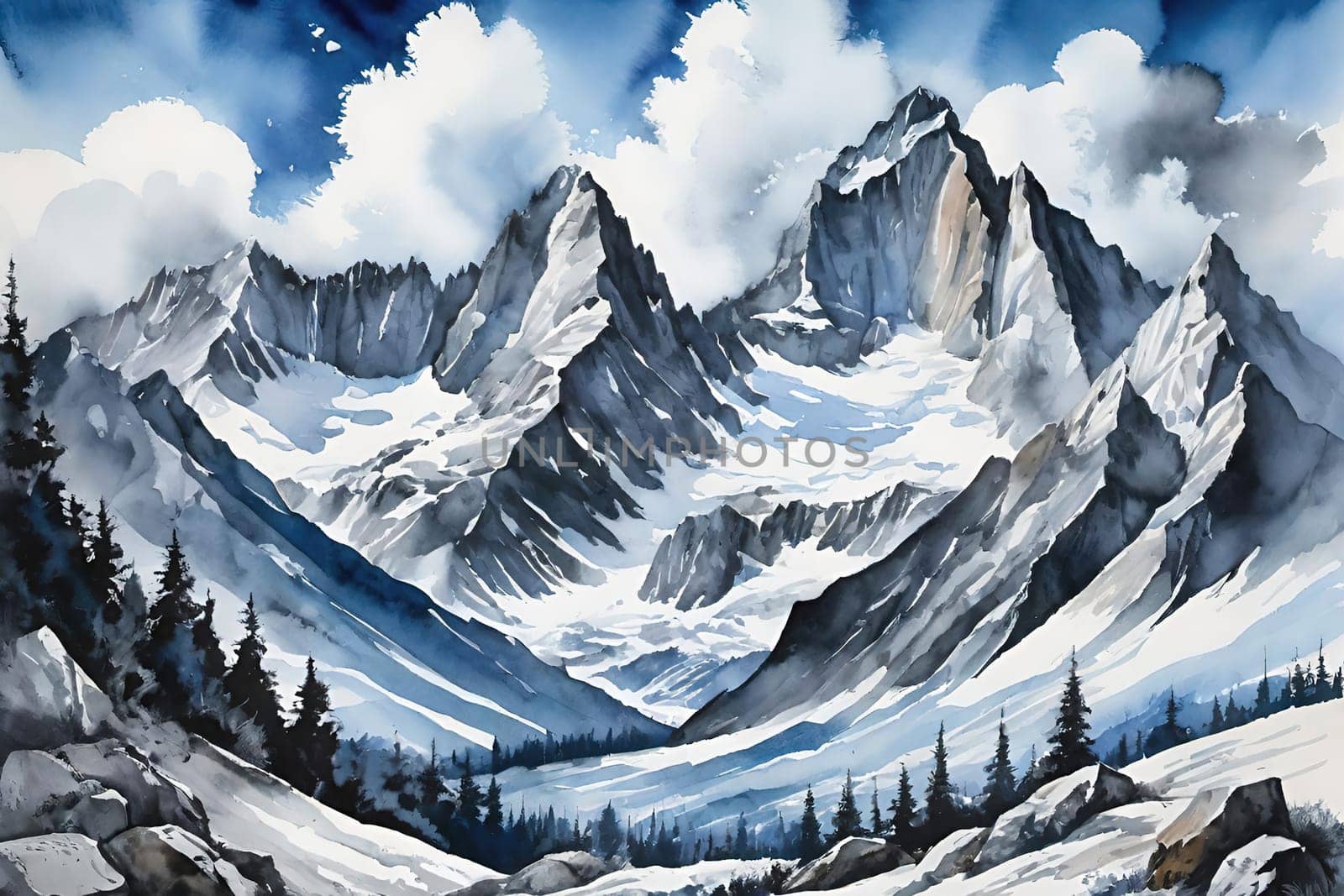 Majestic Mountain Peaks and Serene Valley.A breathtaking digital painting showcasing the grandeur of towering mountains with sharp peaks reaching towards a clear blue sky adorned with wispy clouds. The serene valley below basks in the warmth of sunlight filtering through the mountains, highlighting the wild grasses that sway gently in the breeze. Perfect for conveying themes of natural splendor, exploration, or as an inspiring backdrop.
