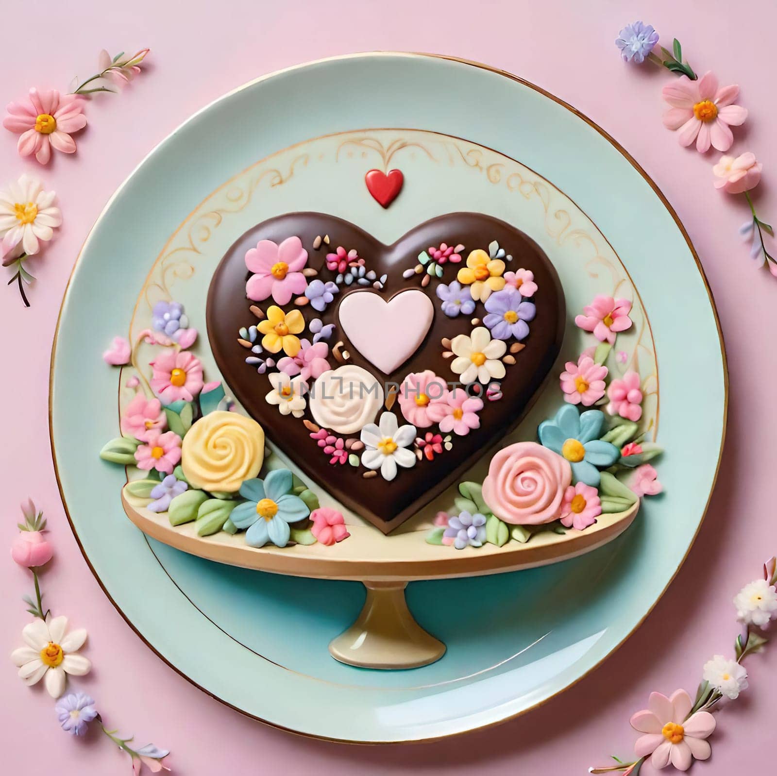 Artful Confectionery.Chocolate Heart with Fondant Flowers.A captivating display of confectionery craftsmanship featuring a glossy chocolate heart centerpiece surrounded by intricately crafted fondant flowers in soft pastel hues. Perfect for illustrating themes of romance, culinary art, or festive celebrations.
