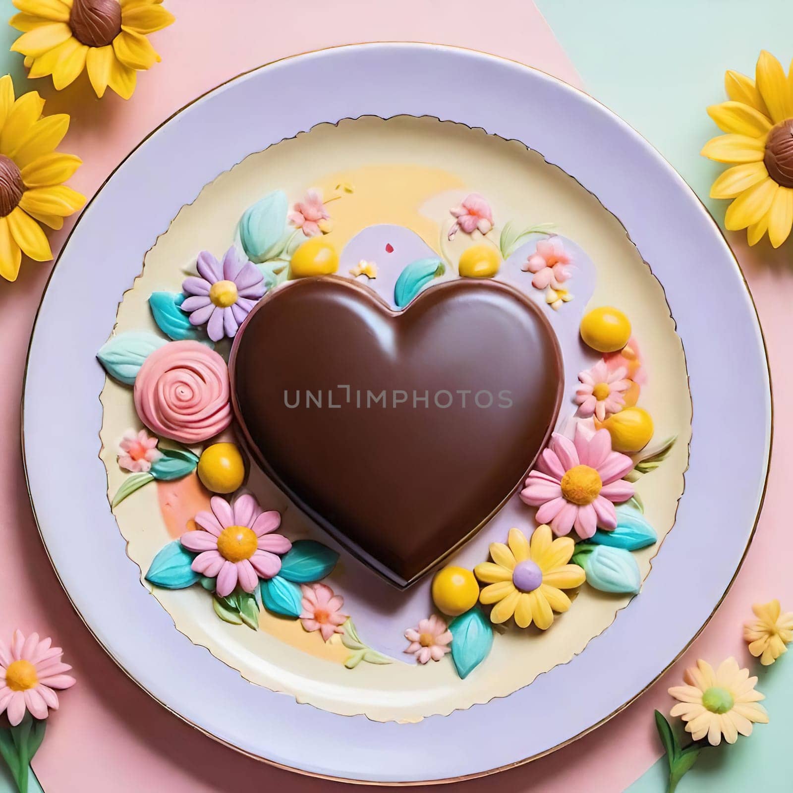 Artful Confectionery.Chocolate Heart with Fondant Flowers.A captivating display of confectionery craftsmanship featuring a glossy chocolate heart centerpiece surrounded by intricately crafted fondant flowers in soft pastel hues. Perfect for illustrating themes of romance, culinary art, or festive celebrations.