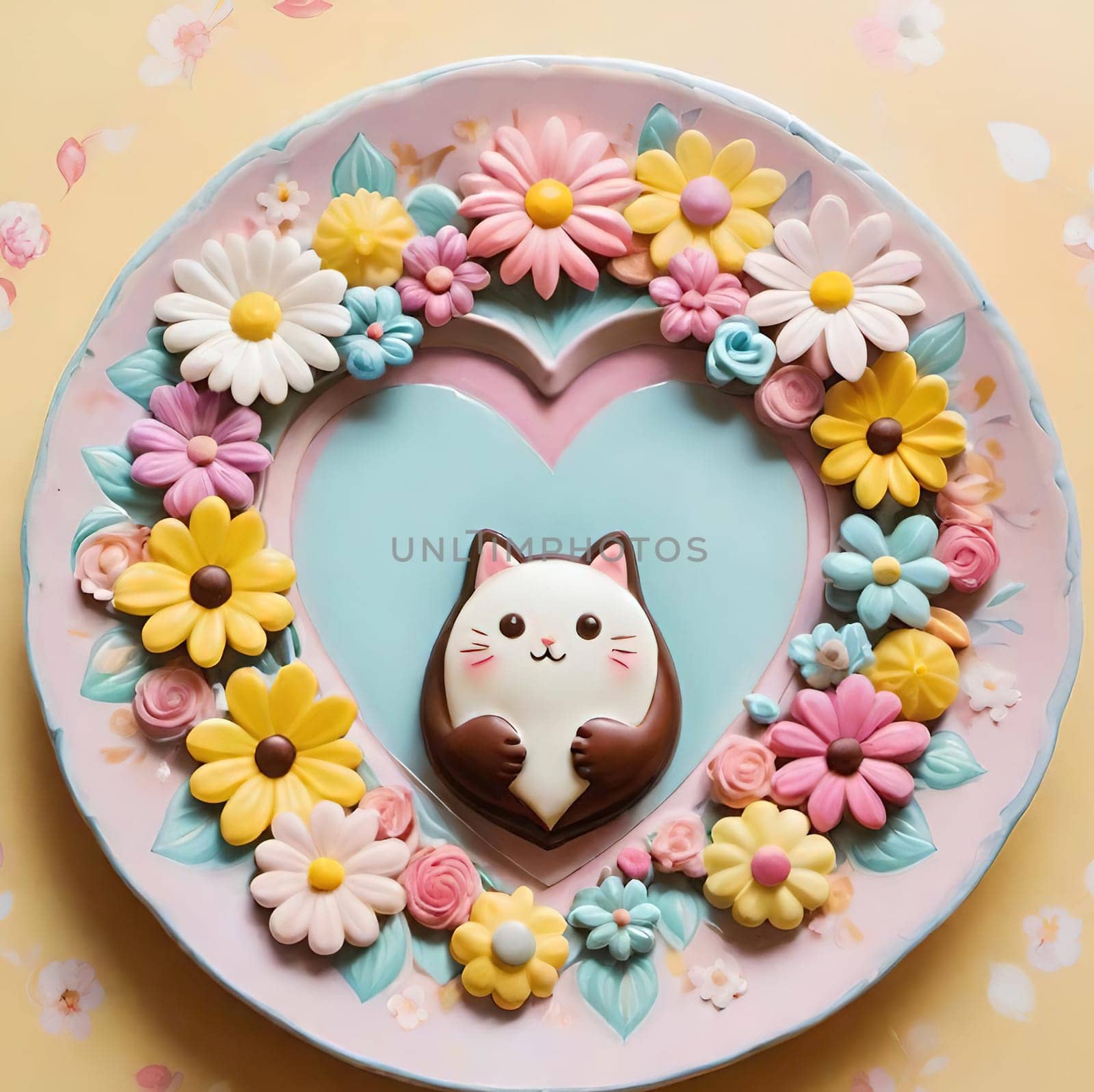 Artful Confectionery.Chocolate Heart with Fondant Flowers.A captivating display of confectionery craftsmanship featuring a glossy chocolate heart centerpiece surrounded by intricately crafted fondant flowers in soft pastel hues. Perfect for illustrating themes of romance, culinary art, or festive celebrations.