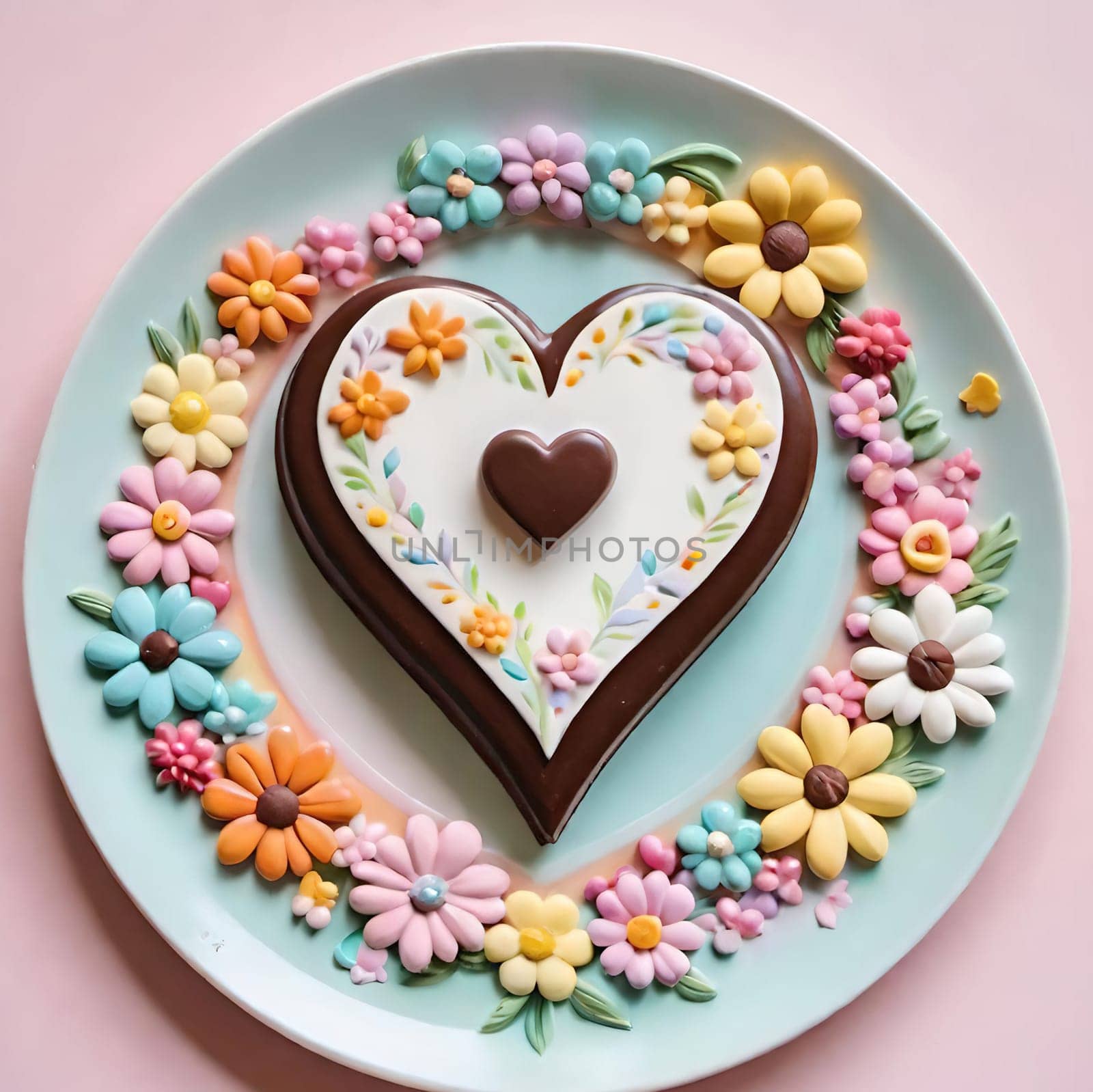Artful Confectionery.Chocolate Heart with Fondant Flowers.A captivating display of confectionery craftsmanship featuring a glossy chocolate heart centerpiece surrounded by intricately crafted fondant flowers in soft pastel hues. Perfect for illustrating themes of romance, culinary art, or festive celebrations.