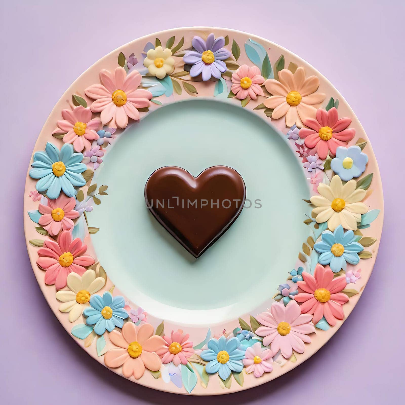 Artful Confectionery.Chocolate Heart with Fondant Flowers.A captivating display of confectionery craftsmanship featuring a glossy chocolate heart centerpiece surrounded by intricately crafted fondant flowers in soft pastel hues. Perfect for illustrating themes of romance, culinary art, or festive celebrations.
