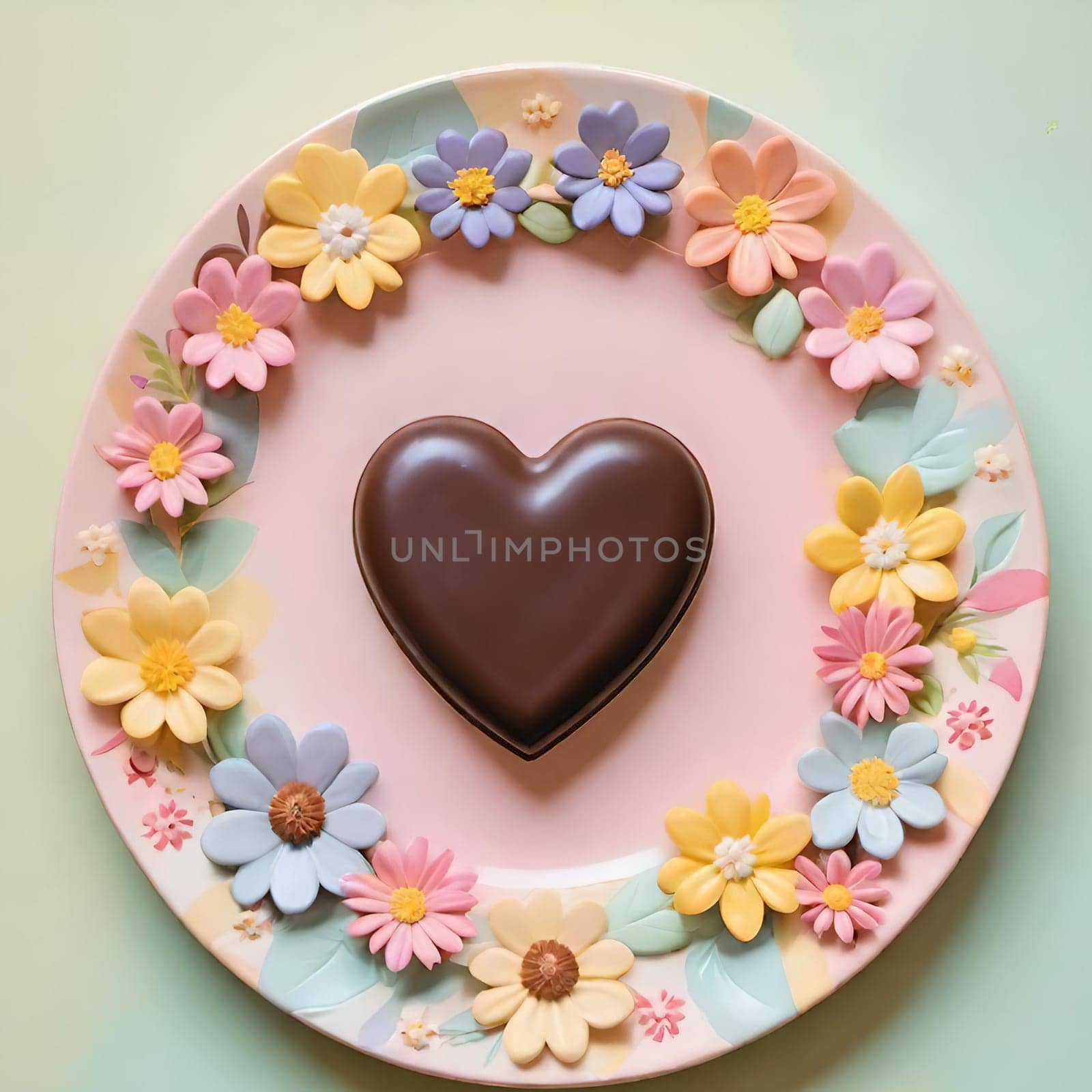 Artful Confectionery.Chocolate Heart with Fondant Flowers.A captivating display of confectionery craftsmanship featuring a glossy chocolate heart centerpiece surrounded by intricately crafted fondant flowers in soft pastel hues. Perfect for illustrating themes of romance, culinary art, or festive celebrations.