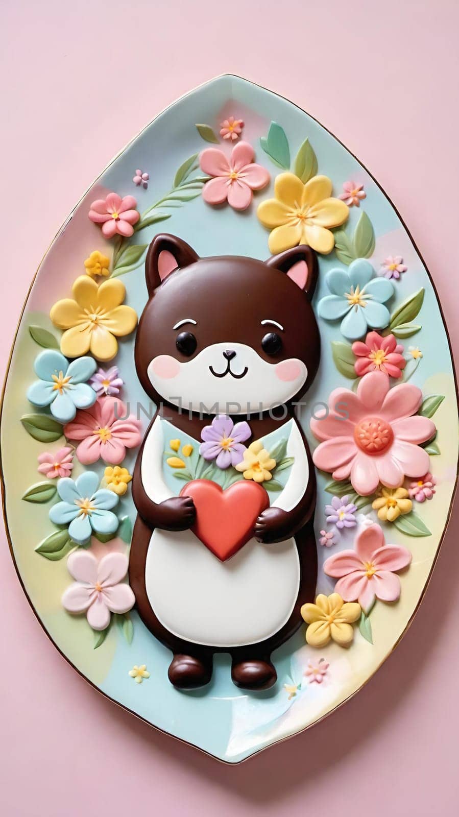 Artful Confectionery.Chocolate Heart with Fondant Flowers.A captivating display of confectionery craftsmanship featuring a glossy chocolate heart centerpiece surrounded by intricately crafted fondant flowers in soft pastel hues. Perfect for illustrating themes of romance, culinary art, or festive celebrations.