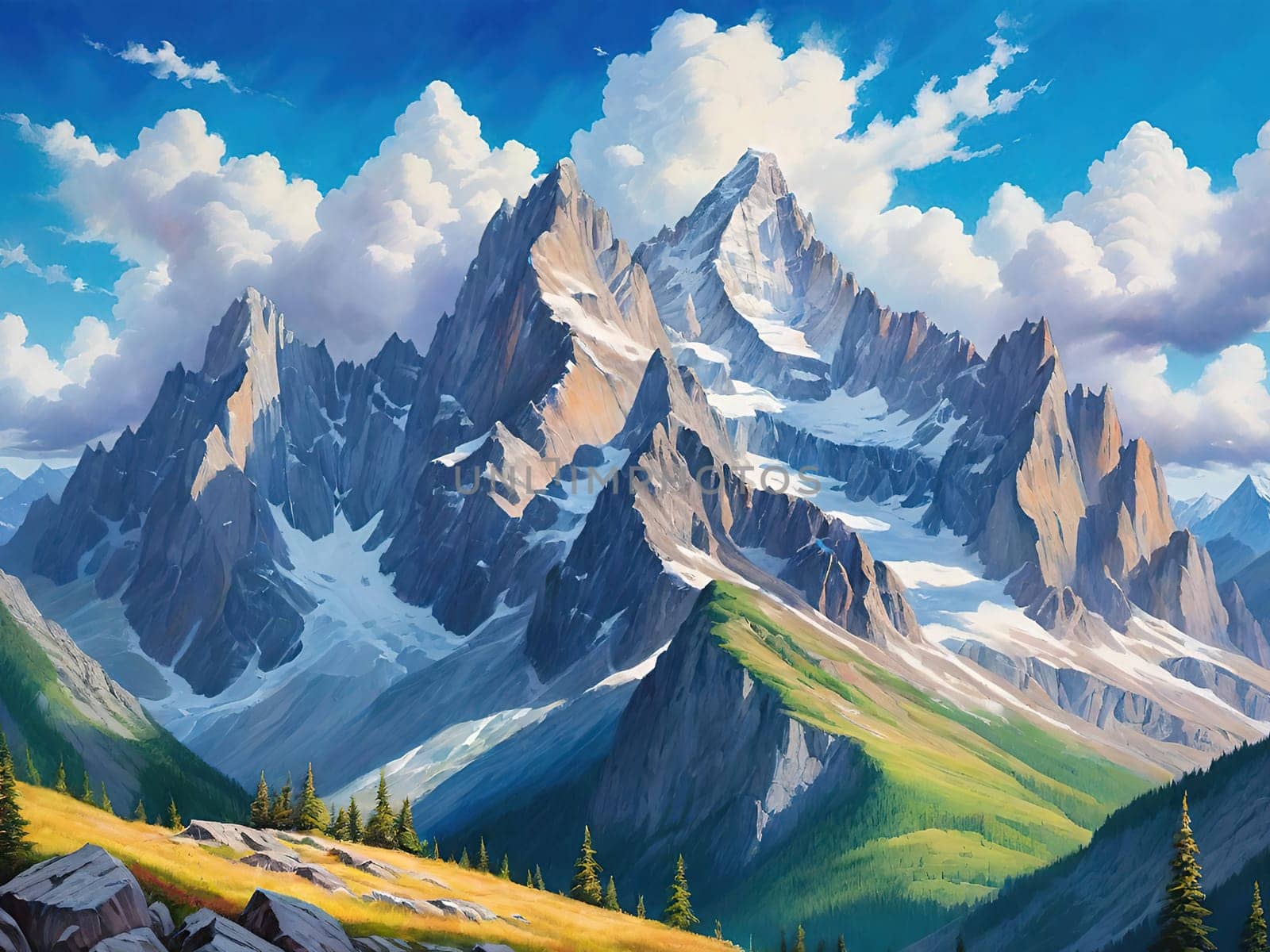 Majestic Mountain Peaks and Serene Valley.A breathtaking digital painting showcasing the grandeur of towering mountains with sharp peaks reaching towards a clear blue sky adorned with wispy clouds. The serene valley below basks in the warmth of sunlight filtering through the mountains, highlighting the wild grasses that sway gently in the breeze. Perfect for conveying themes of natural splendor, exploration, or as an inspiring backdrop.