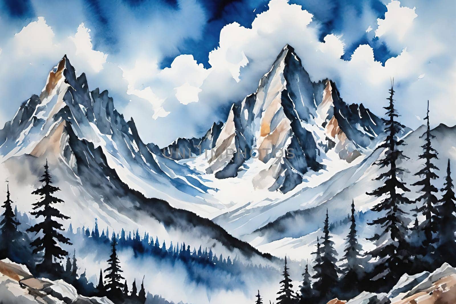 Majestic Mountain Peaks and Serene Valley.A breathtaking digital painting showcasing the grandeur of towering mountains with sharp peaks reaching towards a clear blue sky adorned with wispy clouds. The serene valley below basks in the warmth of sunlight filtering through the mountains, highlighting the wild grasses that sway gently in the breeze. Perfect for conveying themes of natural splendor, exploration, or as an inspiring backdrop.