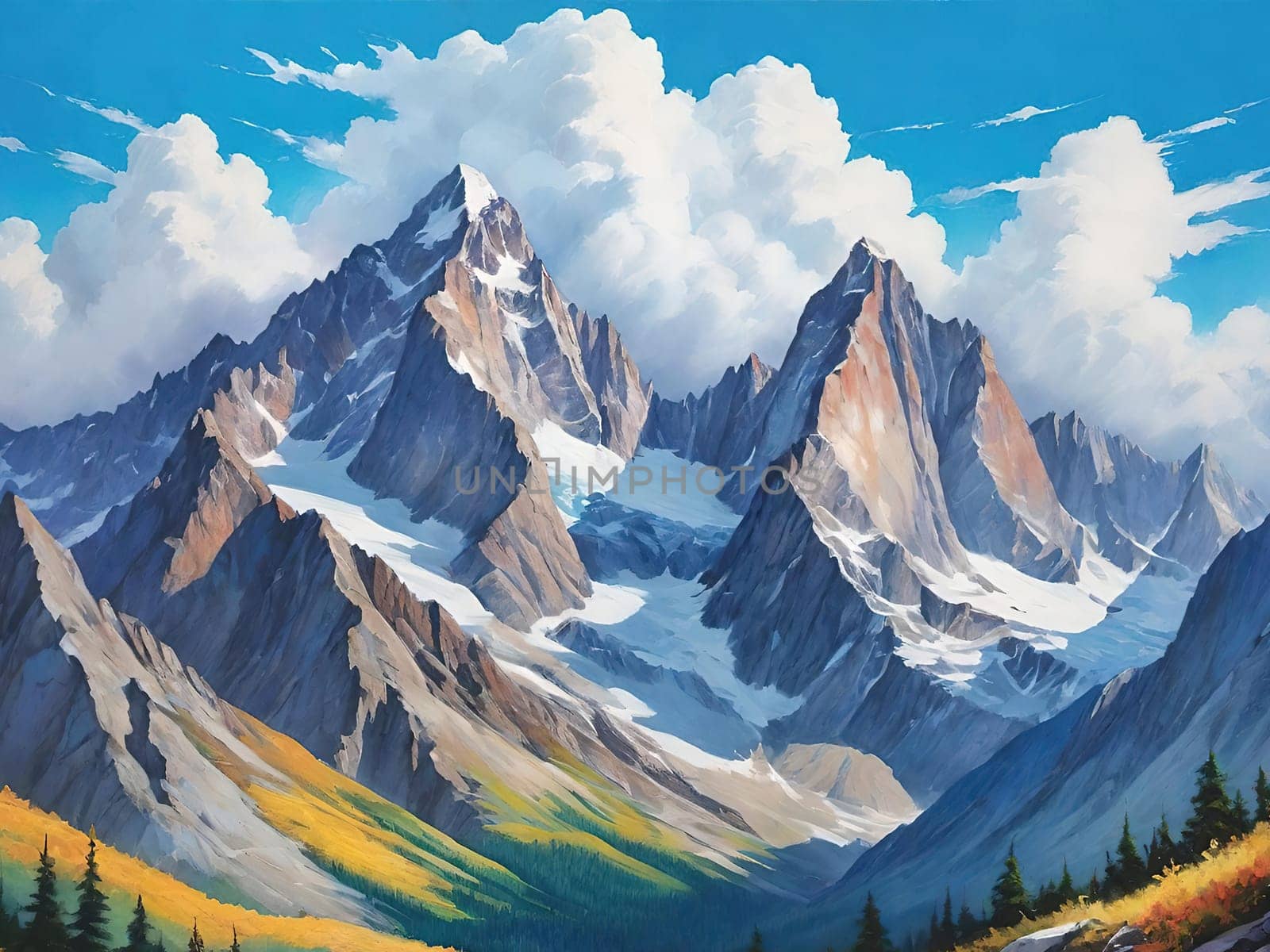 Majestic Mountain Peaks and Serene Valley.A breathtaking digital painting showcasing the grandeur of towering mountains with sharp peaks reaching towards a clear blue sky adorned with wispy clouds. The serene valley below basks in the warmth of sunlight filtering through the mountains, highlighting the wild grasses that sway gently in the breeze. Perfect for conveying themes of natural splendor, exploration, or as an inspiring backdrop.