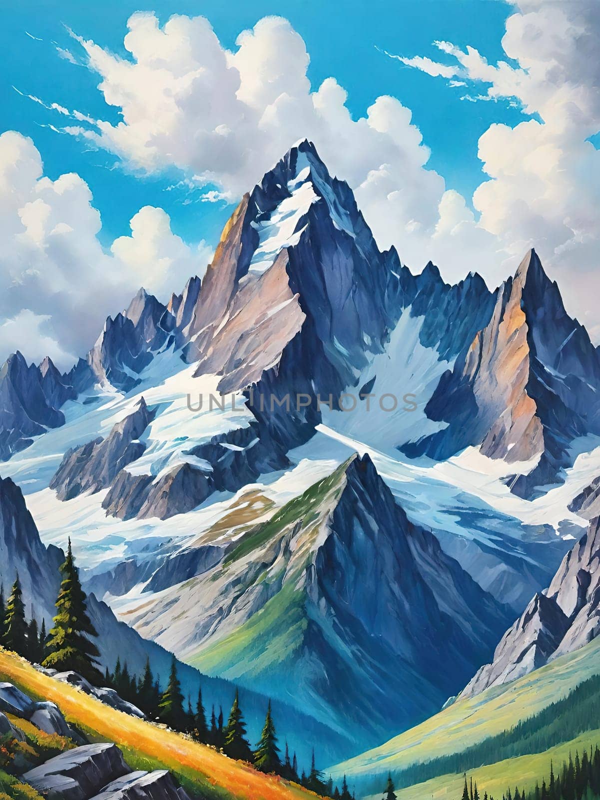 Majestic Mountain Peaks and Serene Valley.A breathtaking digital painting showcasing the grandeur of towering mountains with sharp peaks reaching towards a clear blue sky adorned with wispy clouds. The serene valley below basks in the warmth of sunlight filtering through the mountains, highlighting the wild grasses that sway gently in the breeze. Perfect for conveying themes of natural splendor, exploration, or as an inspiring backdrop.