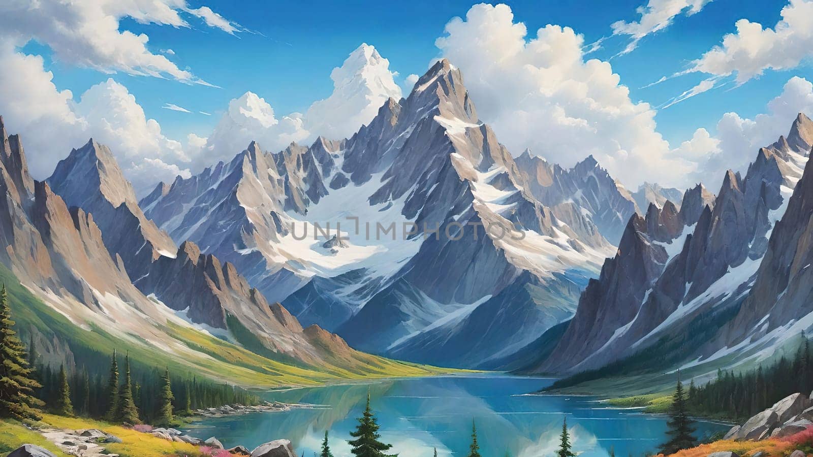 Majestic Mountain Peaks and Serene Valley.A breathtaking digital painting showcasing the grandeur of towering mountains with sharp peaks reaching towards a clear blue sky adorned with wispy clouds. The serene valley below basks in the warmth of sunlight filtering through the mountains, highlighting the wild grasses that sway gently in the breeze. Perfect for conveying themes of natural splendor, exploration, or as an inspiring backdrop.