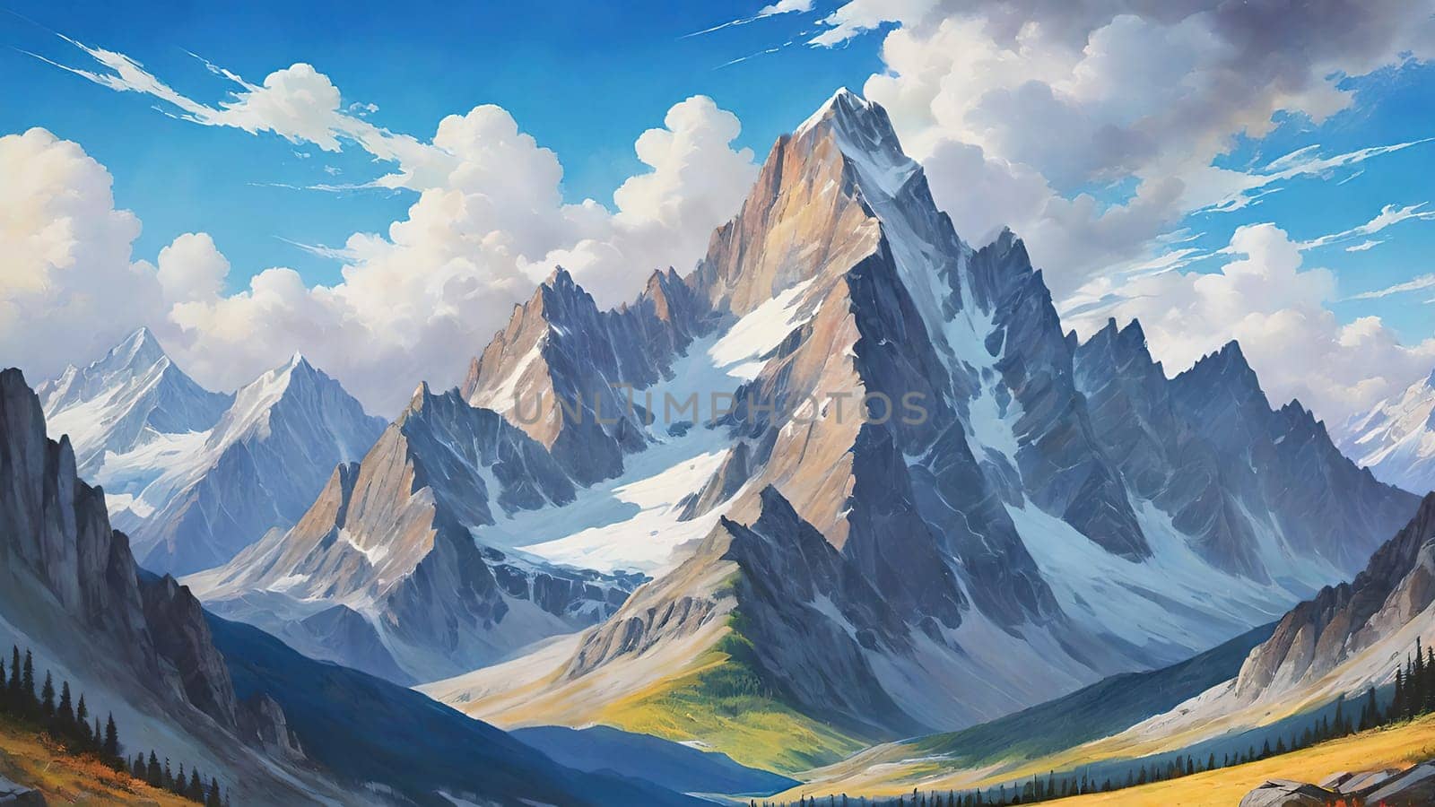 Majestic Mountain Peaks and Serene Valley.A breathtaking digital painting showcasing the grandeur of towering mountains with sharp peaks reaching towards a clear blue sky adorned with wispy clouds. The serene valley below basks in the warmth of sunlight filtering through the mountains, highlighting the wild grasses that sway gently in the breeze. Perfect for conveying themes of natural splendor, exploration, or as an inspiring backdrop.