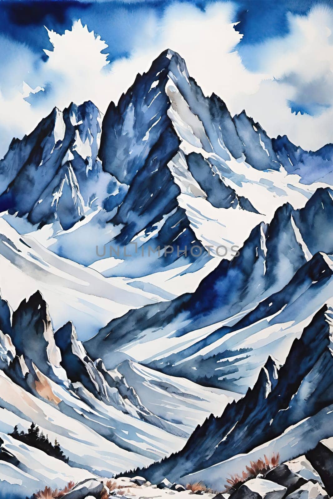 Majestic Mountain Peaks and Serene Valley.A breathtaking digital painting showcasing the grandeur of towering mountains with sharp peaks reaching towards a clear blue sky adorned with wispy clouds. The serene valley below basks in the warmth of sunlight filtering through the mountains, highlighting the wild grasses that sway gently in the breeze. Perfect for conveying themes of natural splendor, exploration, or as an inspiring backdrop.