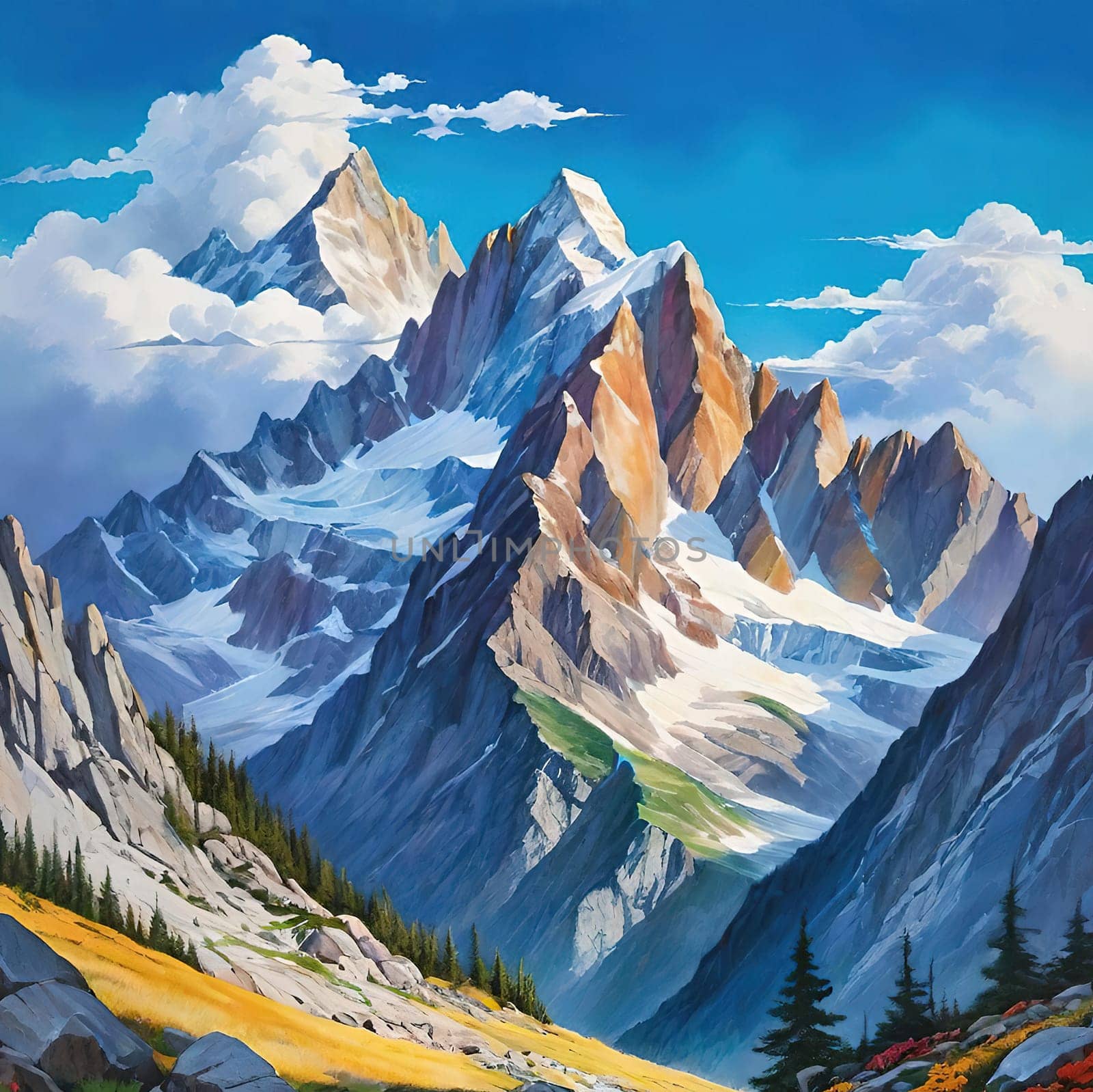 Majestic Mountain Peaks and Serene Valley.A breathtaking digital painting showcasing the grandeur of towering mountains with sharp peaks reaching towards a clear blue sky adorned with wispy clouds. The serene valley below basks in the warmth of sunlight filtering through the mountains, highlighting the wild grasses that sway gently in the breeze. Perfect for conveying themes of natural splendor, exploration, or as an inspiring backdrop.