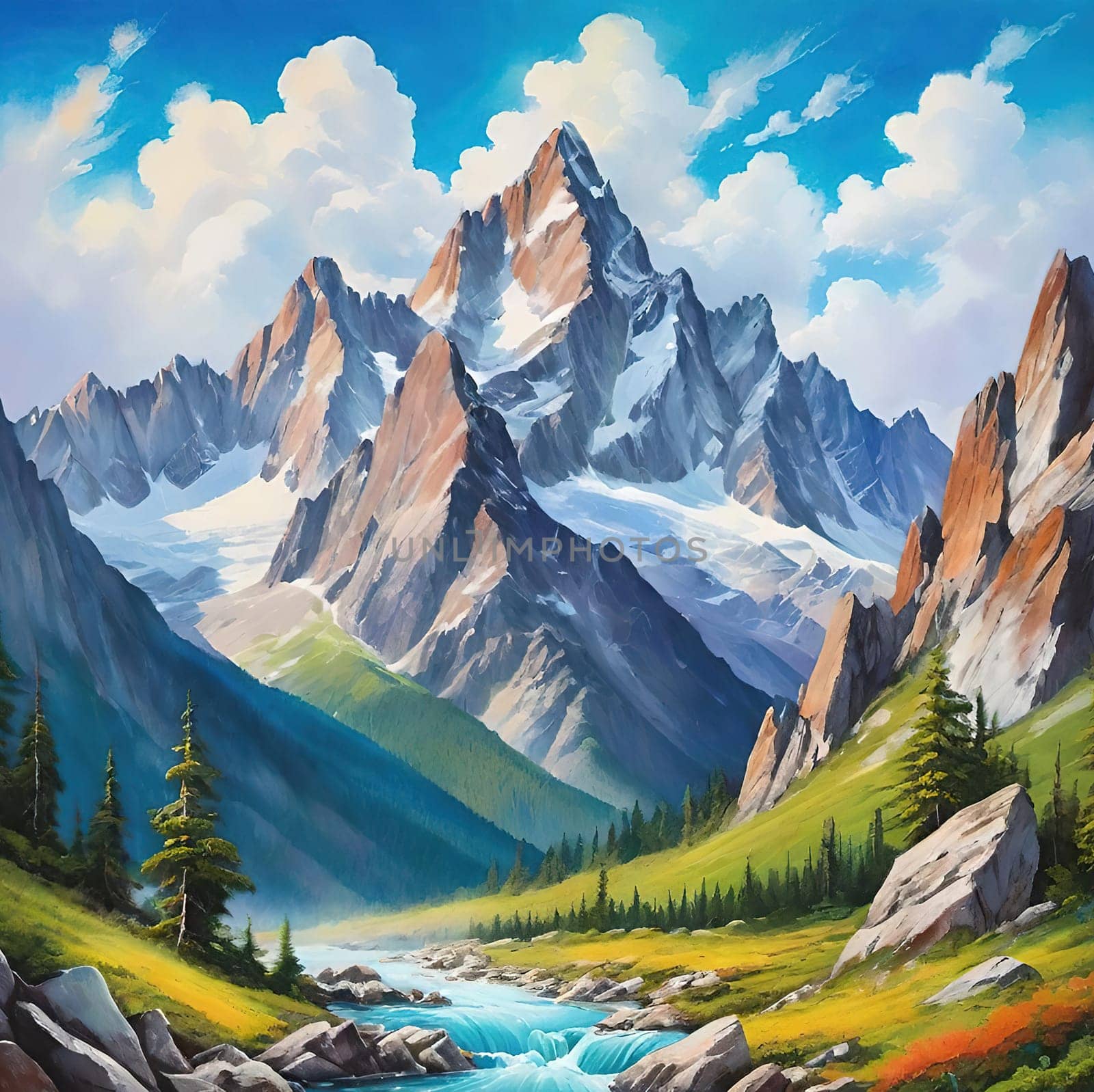 Majestic Mountain Peaks and Serene Valley.A breathtaking digital painting showcasing the grandeur of towering mountains with sharp peaks reaching towards a clear blue sky adorned with wispy clouds. The serene valley below basks in the warmth of sunlight filtering through the mountains, highlighting the wild grasses that sway gently in the breeze. Perfect for conveying themes of natural splendor, exploration, or as an inspiring backdrop.